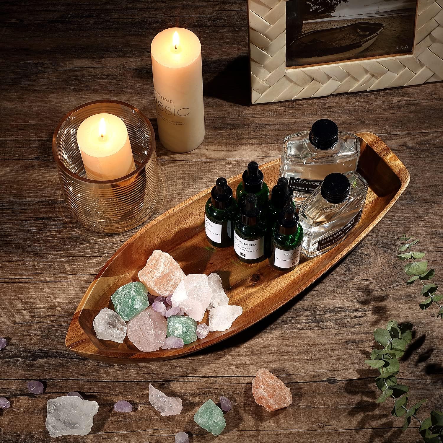 Lucky Boat Serving Tray, Acacia Solid Wood Interesting Shape Plate for Serving Desserts, Fruit, Snack and House Ornament,Key Tray,Functional and Storage Decorative Bowl。(L)