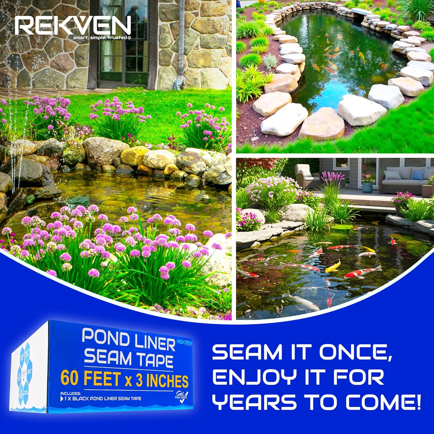 Pond Liner Seam Tape - 60 Feet x 3 Inch - Double Sided Butyl Tape - Bond Seal or Repair EPDM PVC HDPE LDPE RPE LLDPE - Perfect for Small or Large Fish and Koi Ponds Waterfalls and Water Features