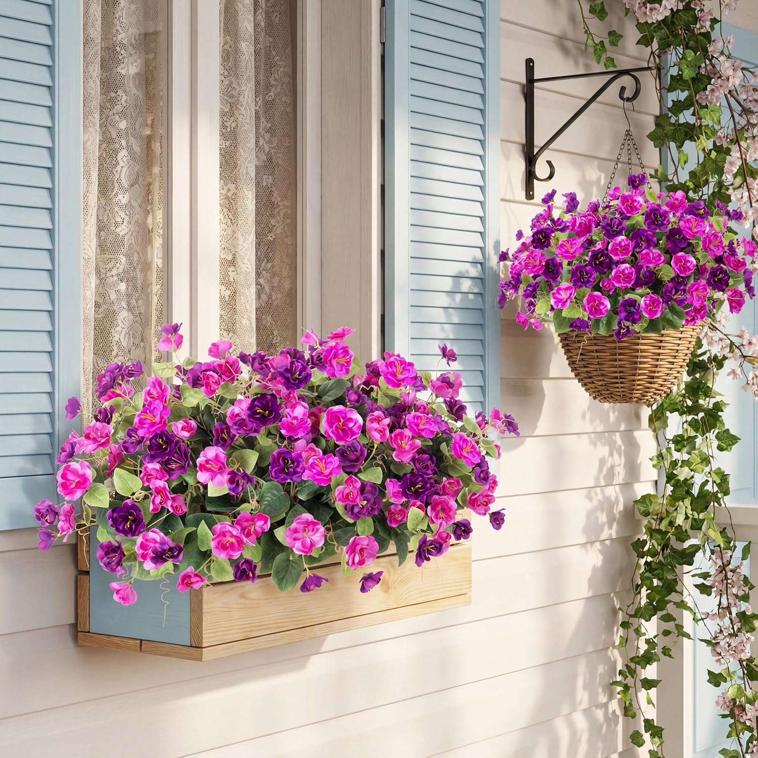 Artificial Flowers for Outdoors, 6 Bundles Silk Fake Hibiscus Flowers for Spring Summer Decoration, UV Resistant Fake Plants Plastic Bouquet for Home Planter Porch Patio Yard Decor(Light Purple Red)