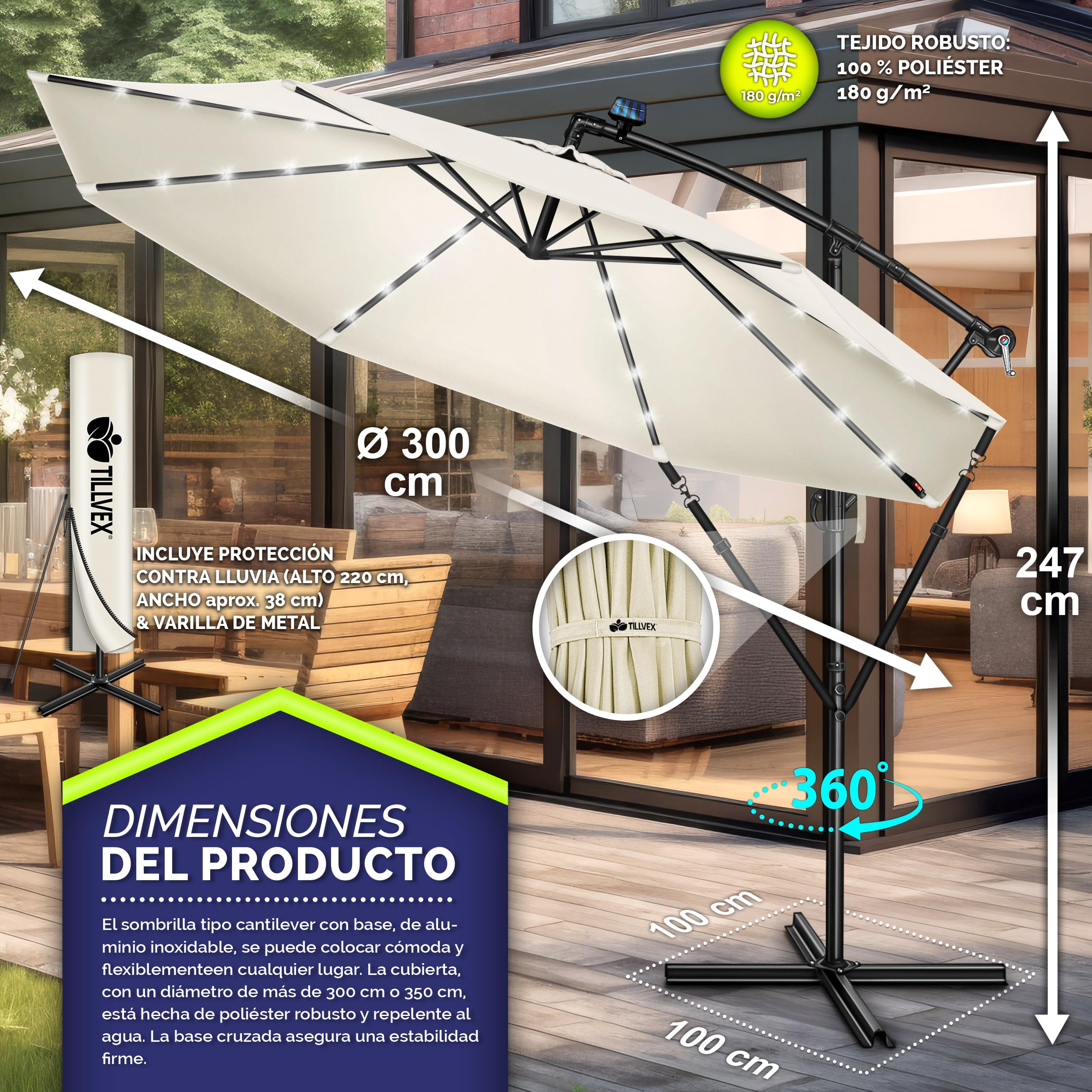 tillvex 300/350 cm Sombrilla Excentrico con 32 Luces LED Solar | Parasol para Terraza Jardín Balcón Patio | con Manivela y Base en Cruz, Giratorio 360º, Protección UV