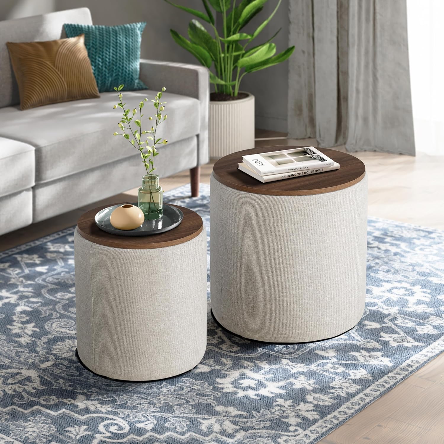 Studio Living® Andale Nesting Storage Ottomans Set of 2, Linen Upholstered Accent Ottomans with Wooden Lids, Hidden Storage, Fully Assembled, Space‑Saving Design