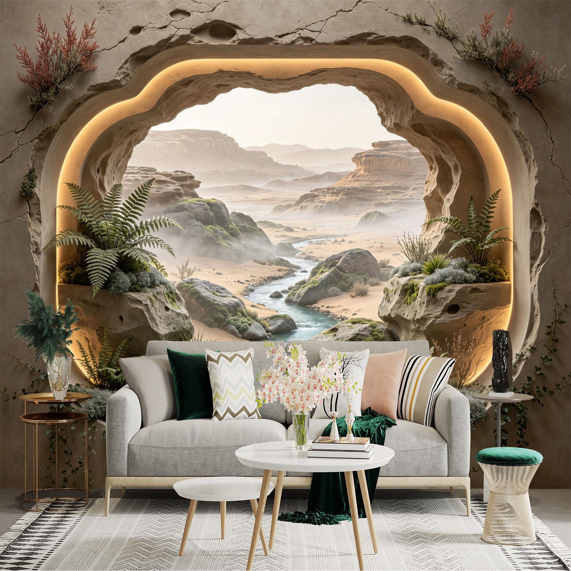 Custom Size Wall Sticker Mural， Desert Canyon with River， Rocks， Ferns and Warm Light， for wall Decoration， peelandstick wall Decals.