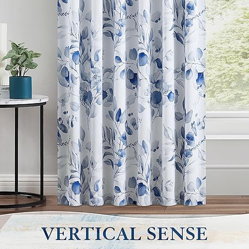 Miniatura 6 de Cortinas 100% opacas con patrón floral azul, 63 pulgadas de largo para dormitorio, estampado de hojas de acuarela, cortinas con aislamiento térmico