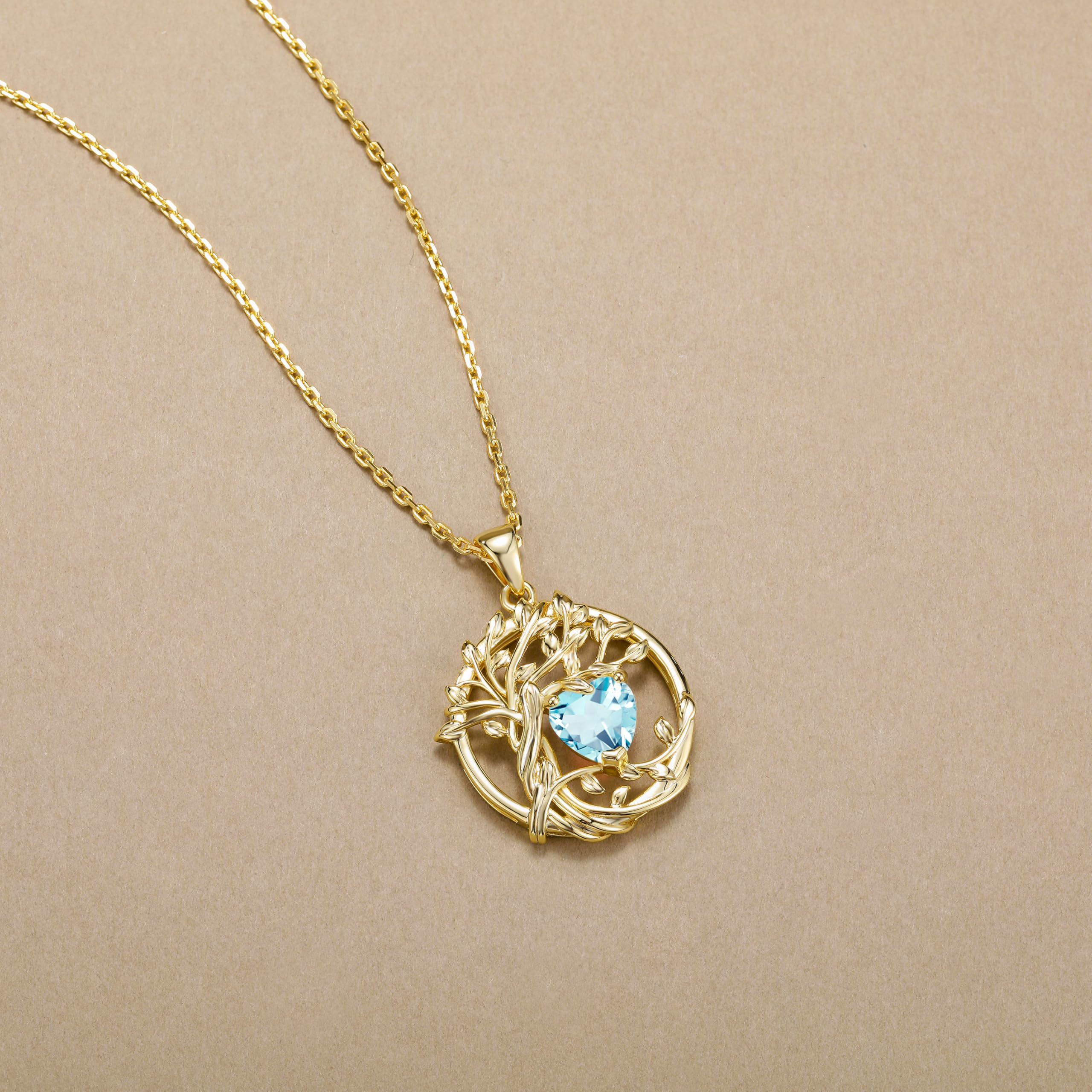 FANCIME Lebensbaum Geburtstein Kette für Damen Gelbgold Vergoldet Baum des Lebens Edelstein Anhänger Halskette Schmuck Geschenke für Damen Frauen Mädchen, Kettenlänge: 40+5 cm