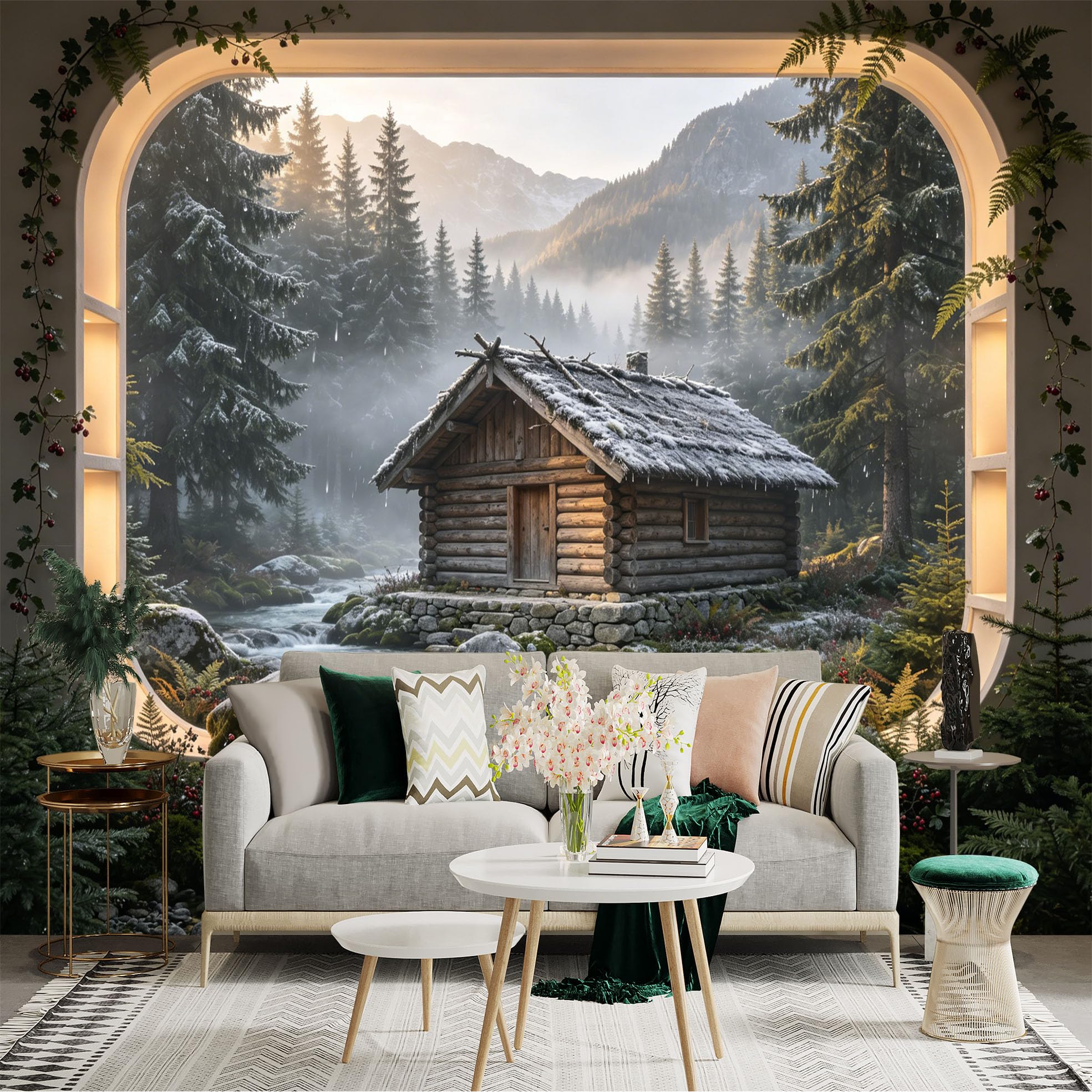 Custom Size Wall Sticker Mural， Snowy Wooden Cabin by Mountain River and Pine Forest， for wall Decoration， peelandstick wall Decals.