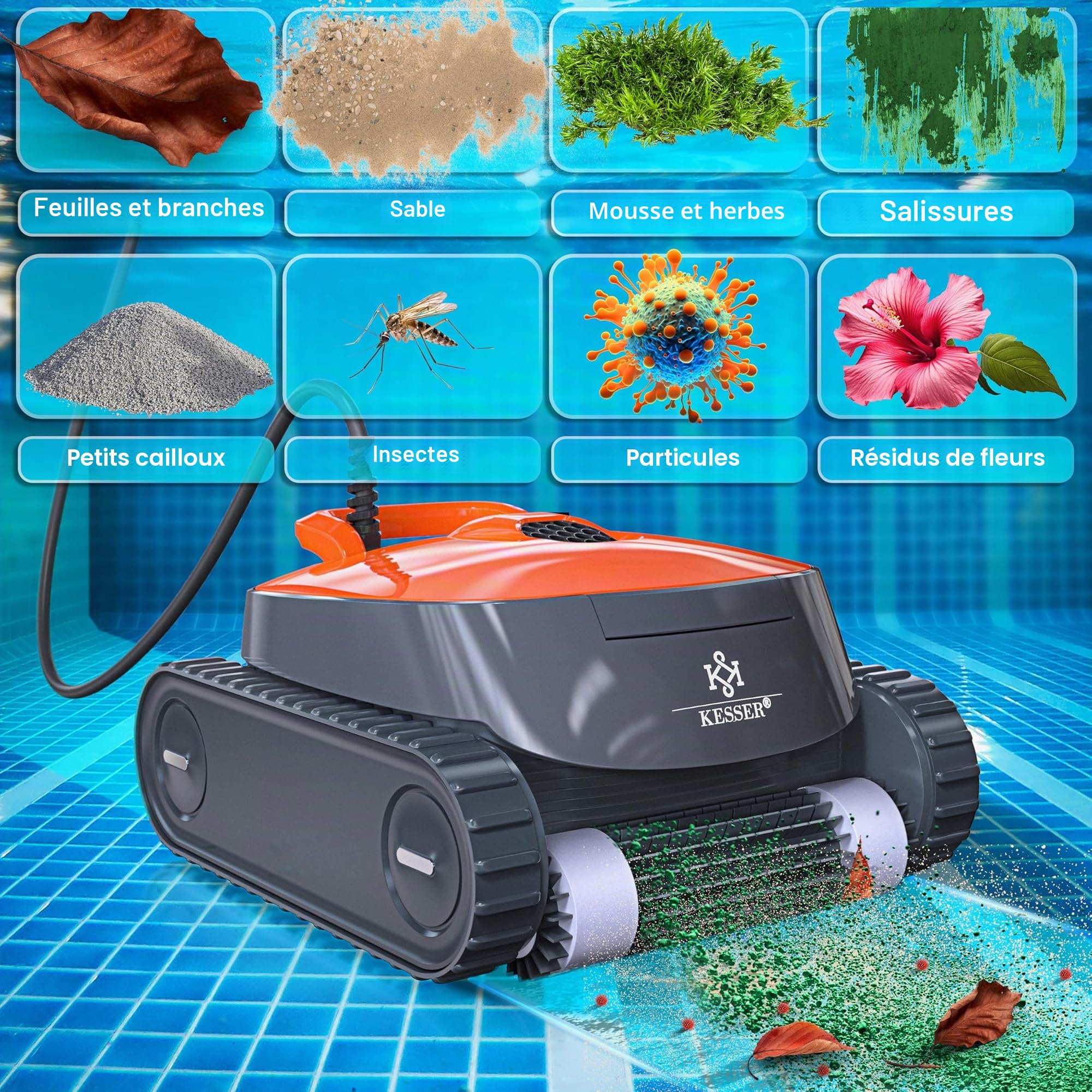 KESSER Robot de piscine pour sol et mur jusqu'à 100 m², nettoyage de ligne d'eau, nettoyeur automatique de piscine avec fonction application et module de commande, aspirateur pour piscine encastrée