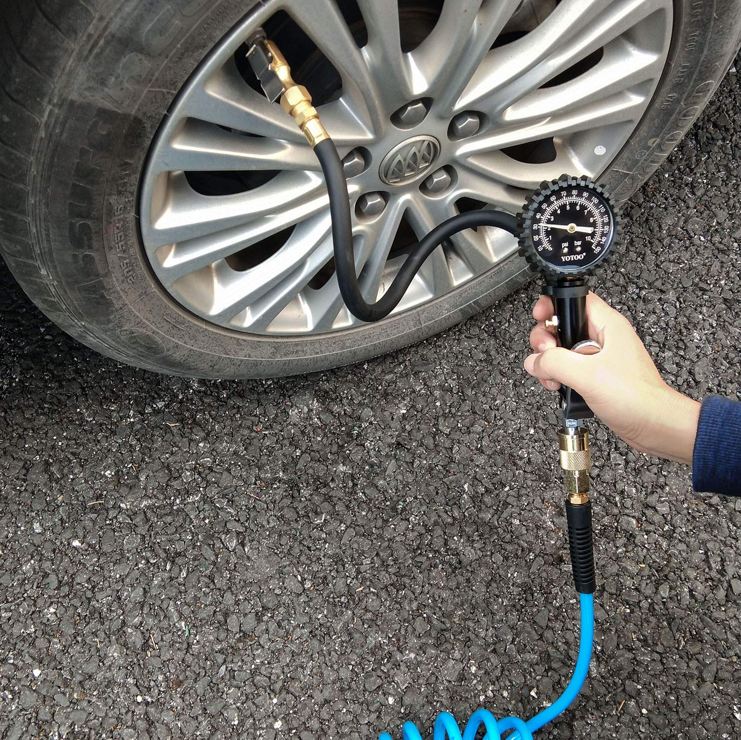 YOTOO Recoil Air Hose Kit with Tire Inflator Gauge, 1/4 Industrial Quick Coupler and Plug for tire infaltion and air Tools