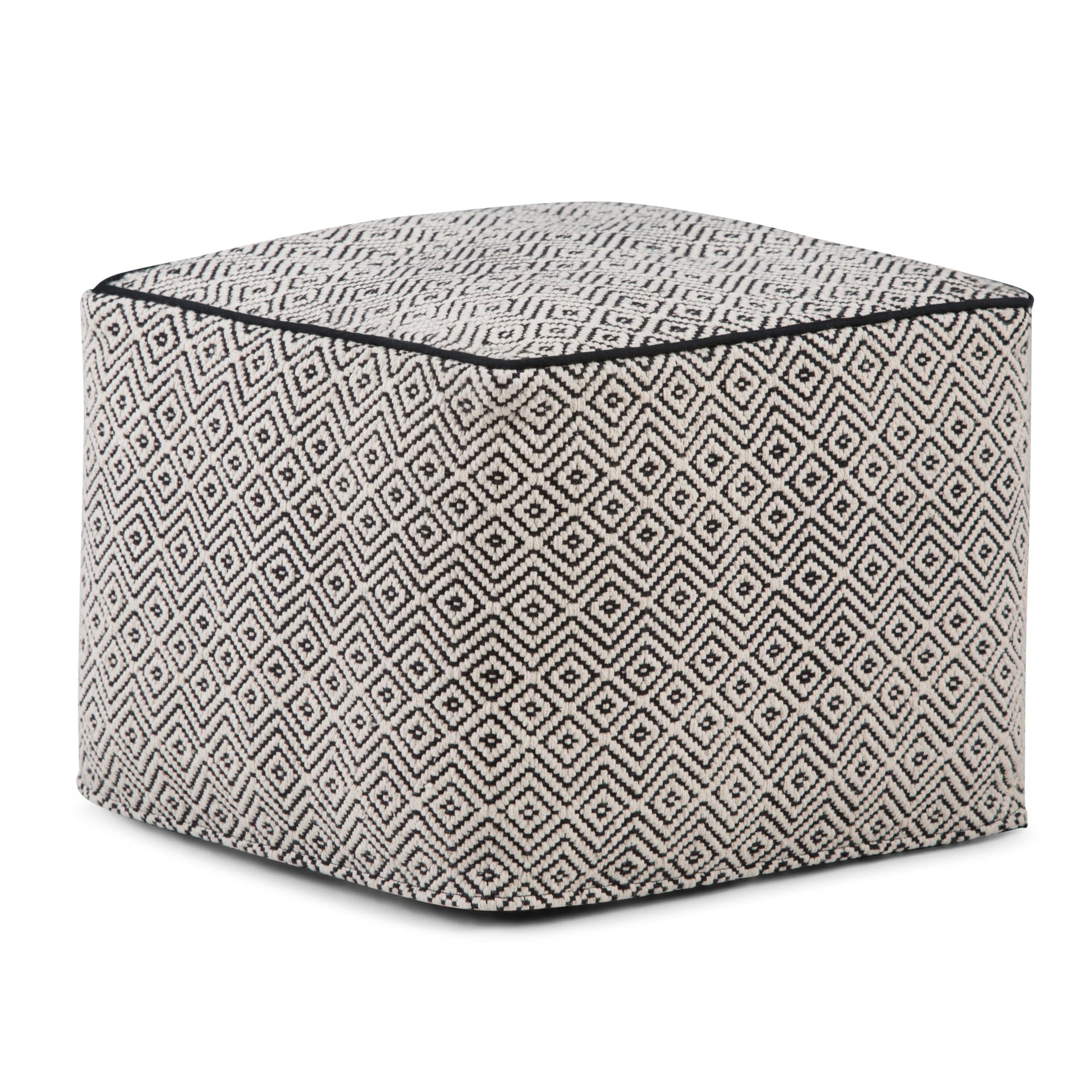Simpli Home AXCPF-08 Brynn Transitional Square Pouf in Patterned Black, Natural Cotton