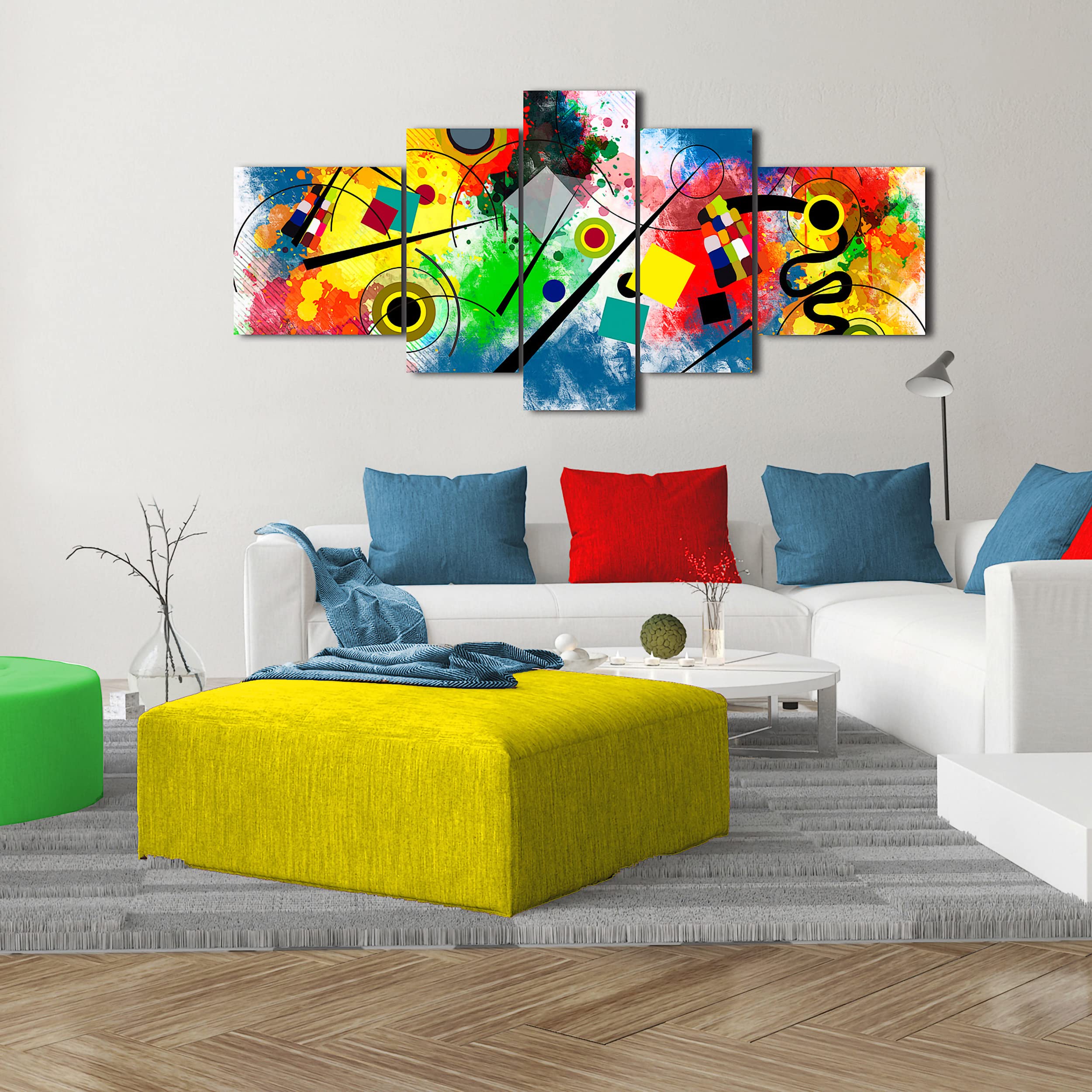 DekoArte - Cuadros Modernos Impresión Imagen Artística | 5 Piezas 180x85cm | Lienzo Decorativo Para Tu Salón o Dormitorio | Estilo Abstractos Moderno Arte Kandinsky Rojo Azul XXL
