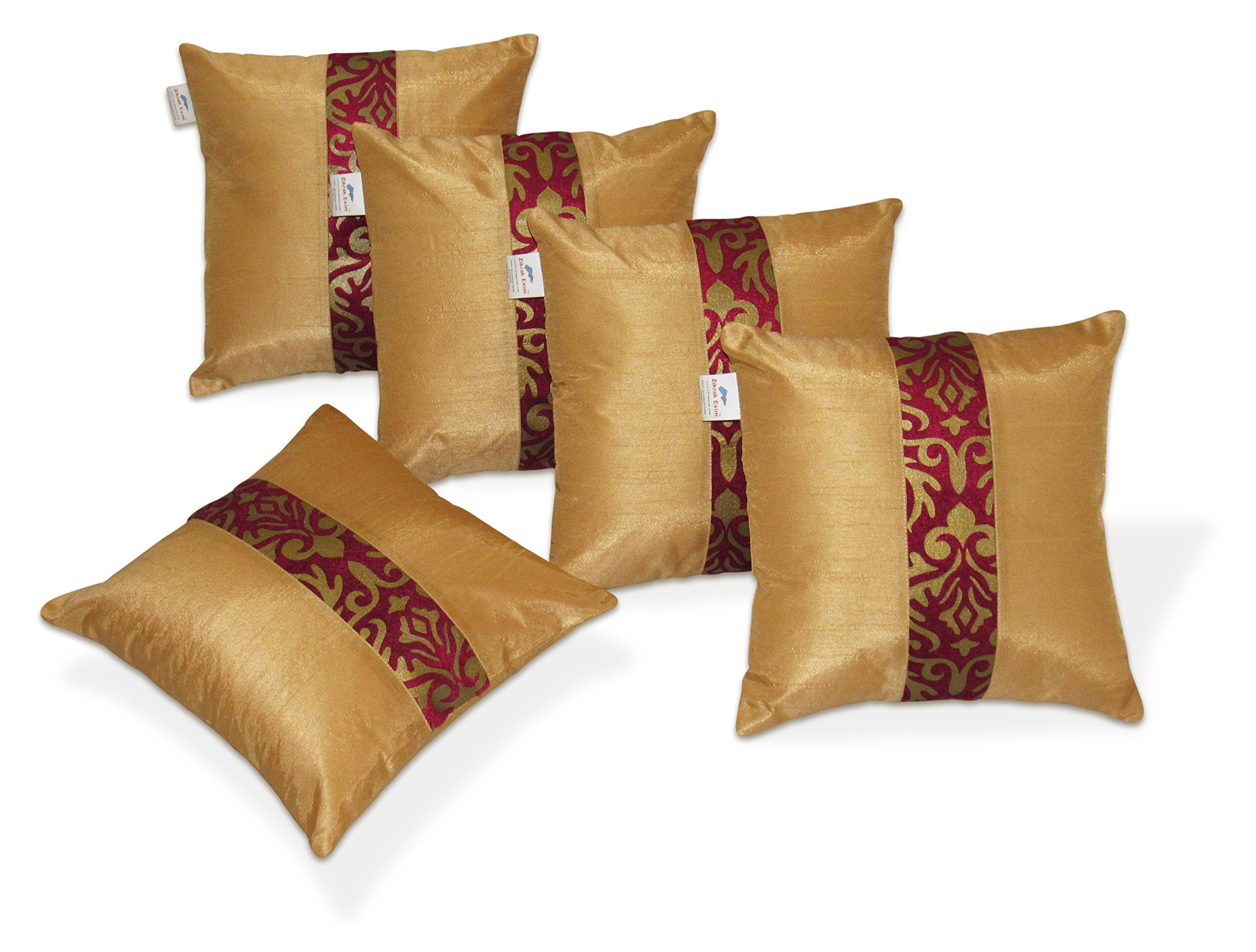 ZIKRAK EXIM Printed Stripe Small Size Polyester Cushion Covers (12 x 12 inches, Beige/Maroon) - Pack of 5