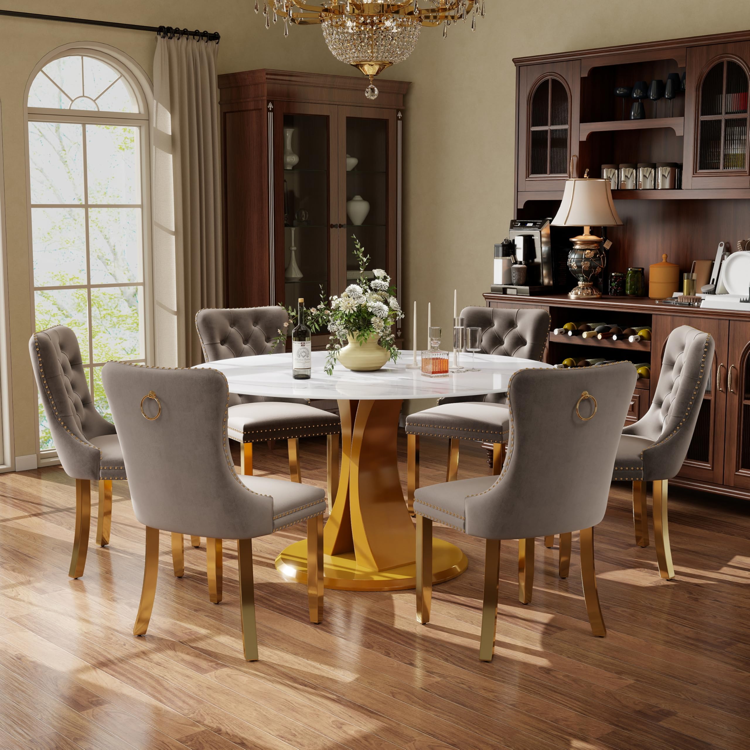 7-Piece Dining Table Set with 47In Faux Marble Table and 6 Velvet Upholstered Chairs, Modern Scandinavian Furniture for Dining Room Kitchen(Gray&amp;Gold)