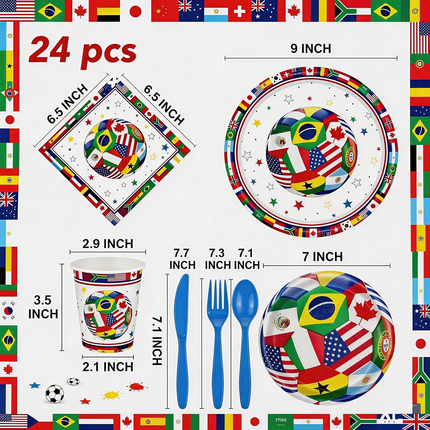 168 Pcs Soccer Party Supplies Serves 24 World International Flag Tableware Set Disposable Paper Plates Cups Napkins and Cutlery for Boys Birthday Sports Decor
