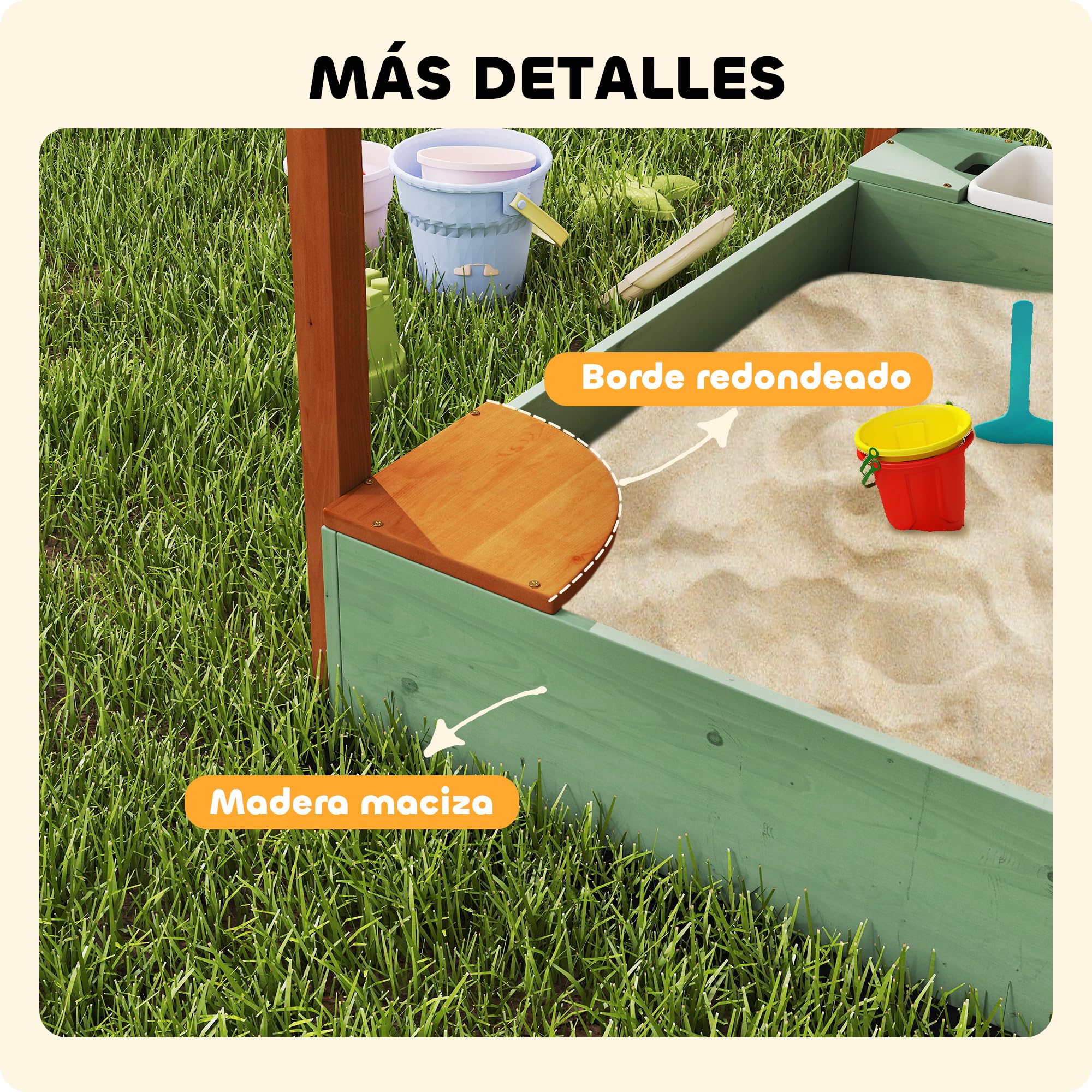 AIYAPLAY Arenero para Niños de Madera con Techo, Arenero Infantil con 2 Asientos, 2 Cajas, Grifo, Embudo, Caja de Arena para Niños de 3-6 Años, para Patio, Jardín, Balcón, 116x112,5x128 cm, Verde