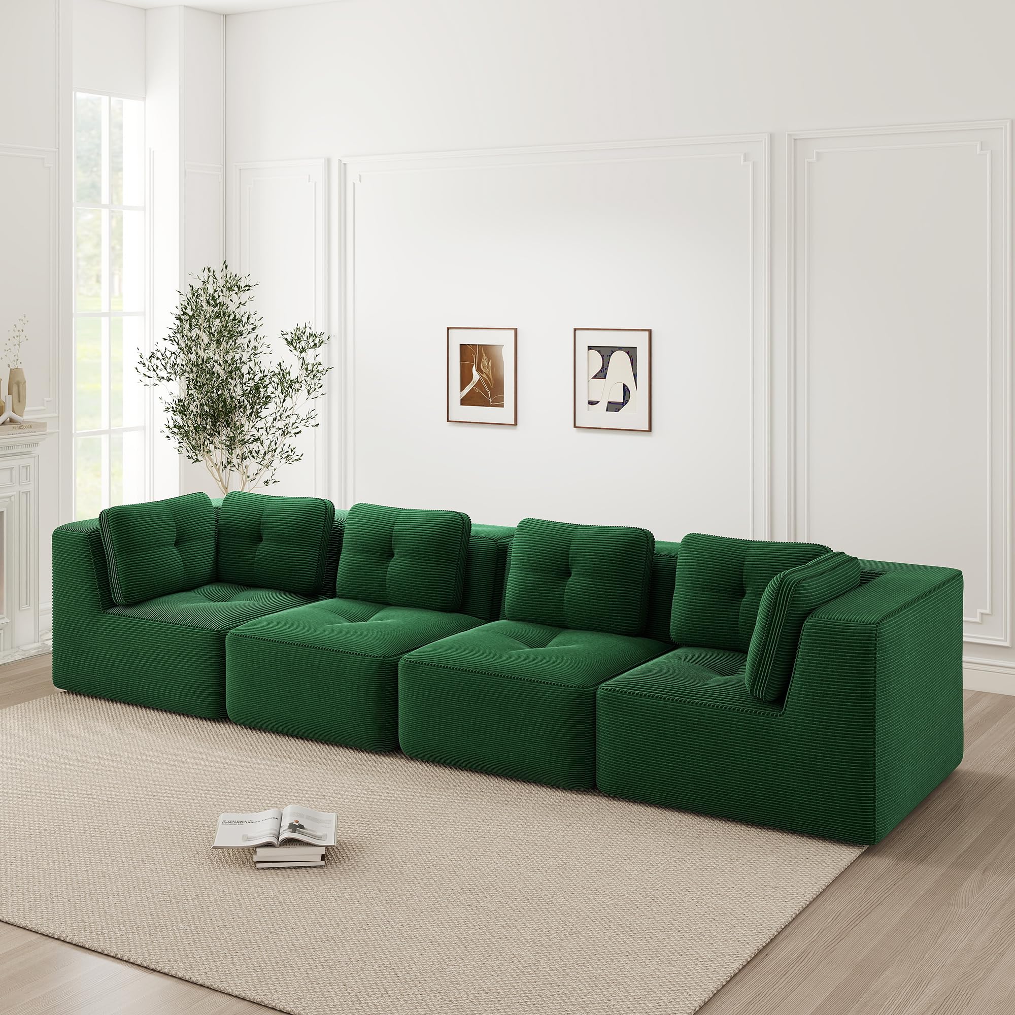 Divano modulare per soggiorno senza Ges, comodo divano a quattro posti con seduta profonda, cuscini morbidi e rivestimento in velluto a coste, nessun assemblaggio, design antiscivolo, verde
