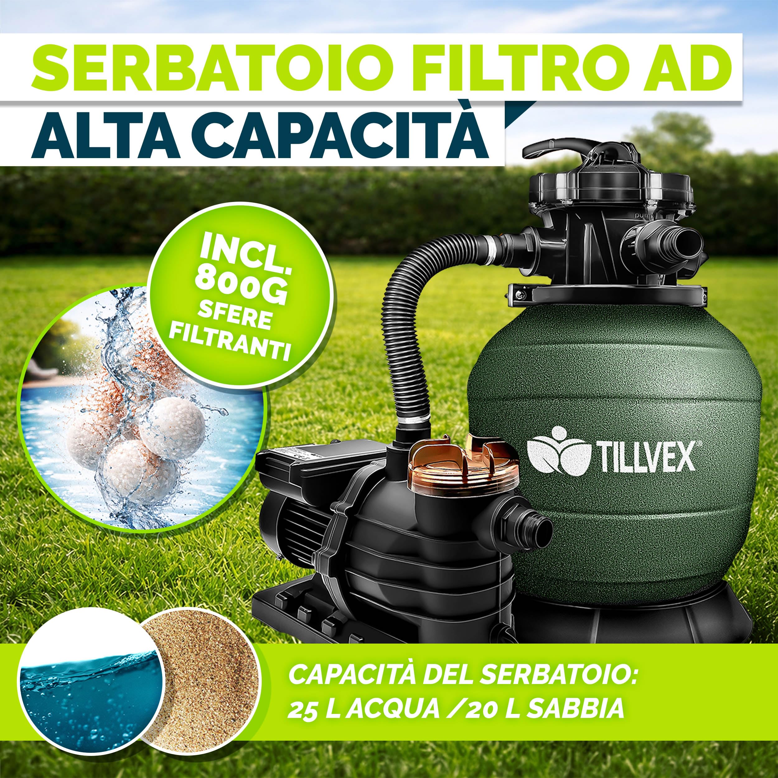 tillvex Depuratore d'acqua per piscina 10 m³/h 800 g sfere filtro Pompa filtro a sabbia con valvola