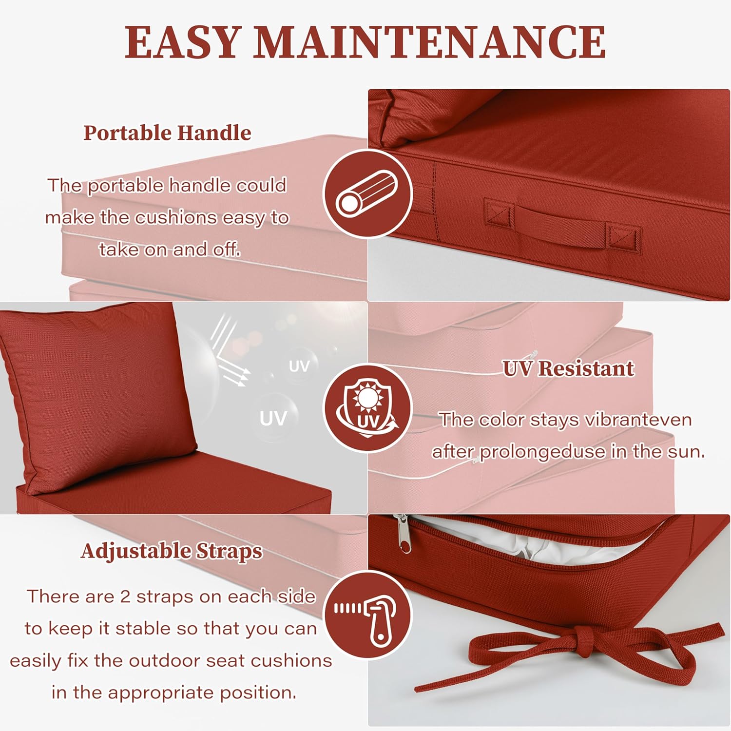 Outdoor Seat Cushion Set 22 L × 22 W × 4 H Inch Waterproof & Fade Resistant Patio Furniture Cushions with Removable Cover with Handle and Straps for Sofa Chairs, Chairs