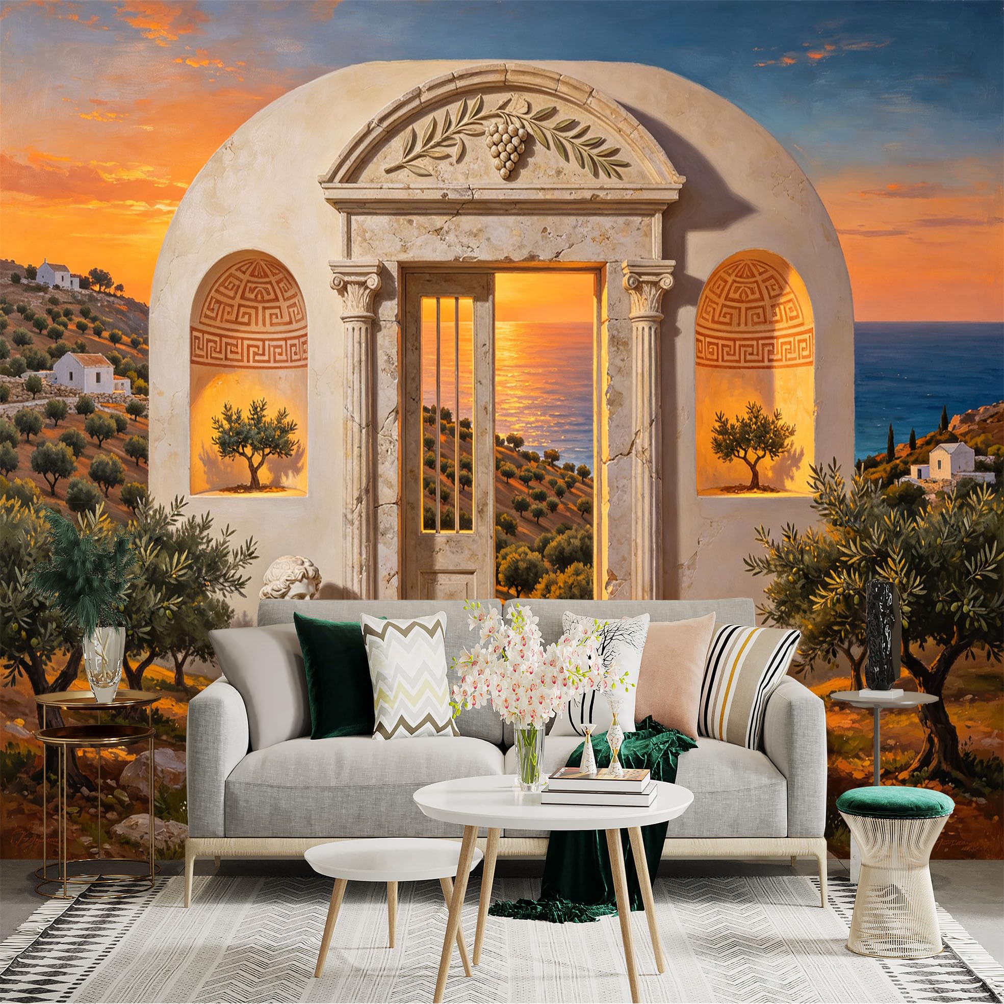 Custom Size Wall Sticker Mural， Mediterranean Sunset Coast， Ancient Archway， Olive Trees and Sea View， for wall Decoration， peelandstick wall Decals.