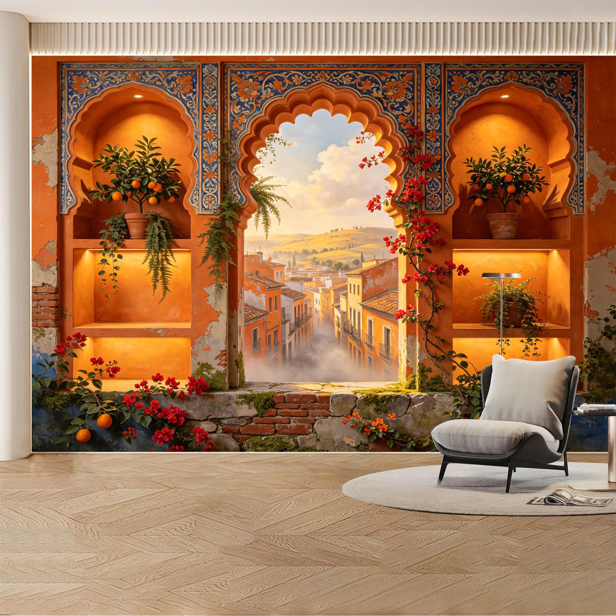 Kayorowalls Bh20260620055 Custom Wall Mural Wallpaper Mediterranean Village Landscape Nature Wall Decor Large Wall Art Boho Sunset Warm Tone Removable Selfadhesive Large Photo For Living Room， Bedroom， Office