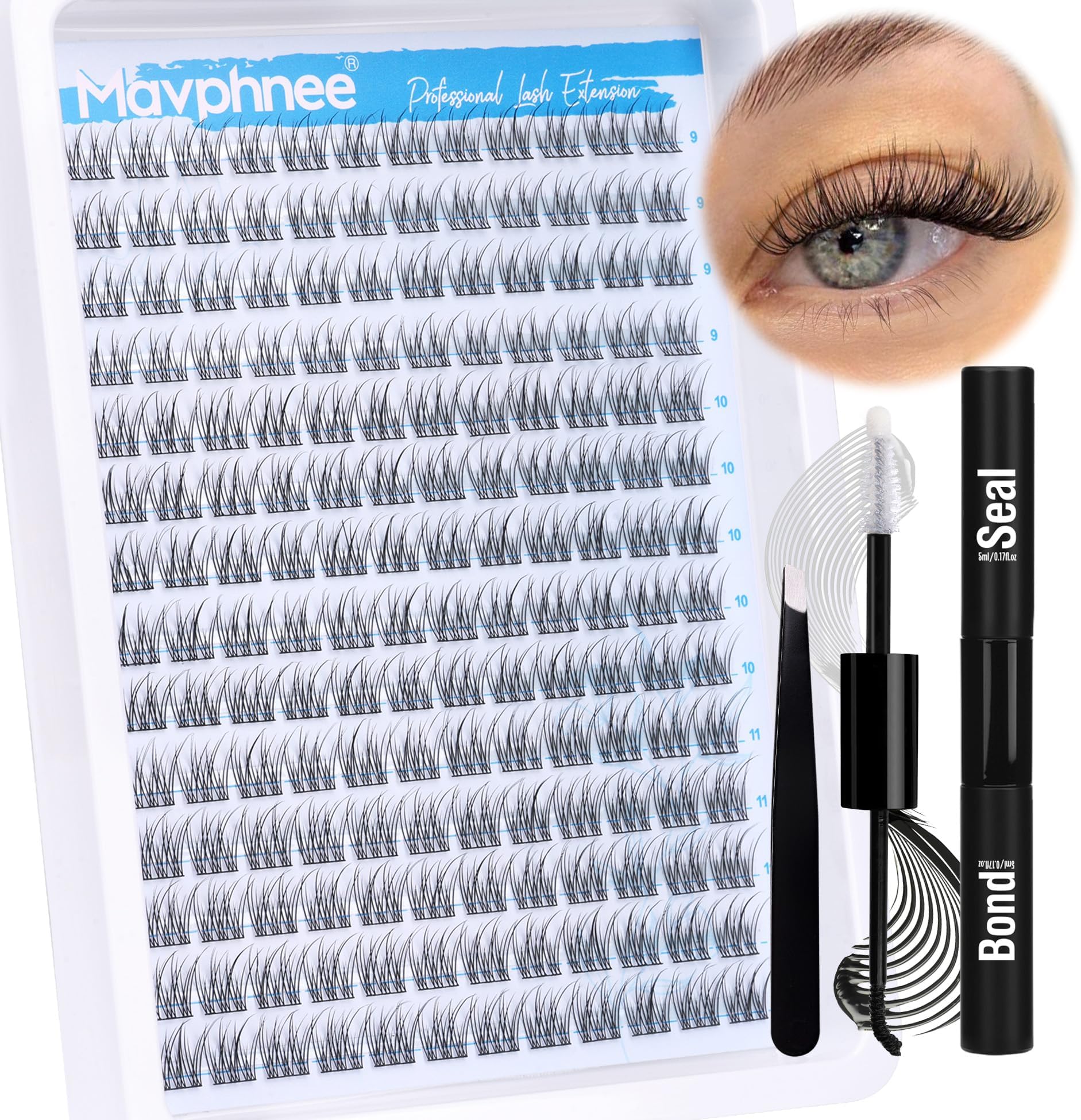 Natural Cluster Lashes Kit 168 Pcs Wispy Lash Extensions CC Curl 9-11MM Mixed Lengths Eyelash Extension Individual Kit with Lashes Bond and Seal and Tweezers DIY at Home by Mavphnee