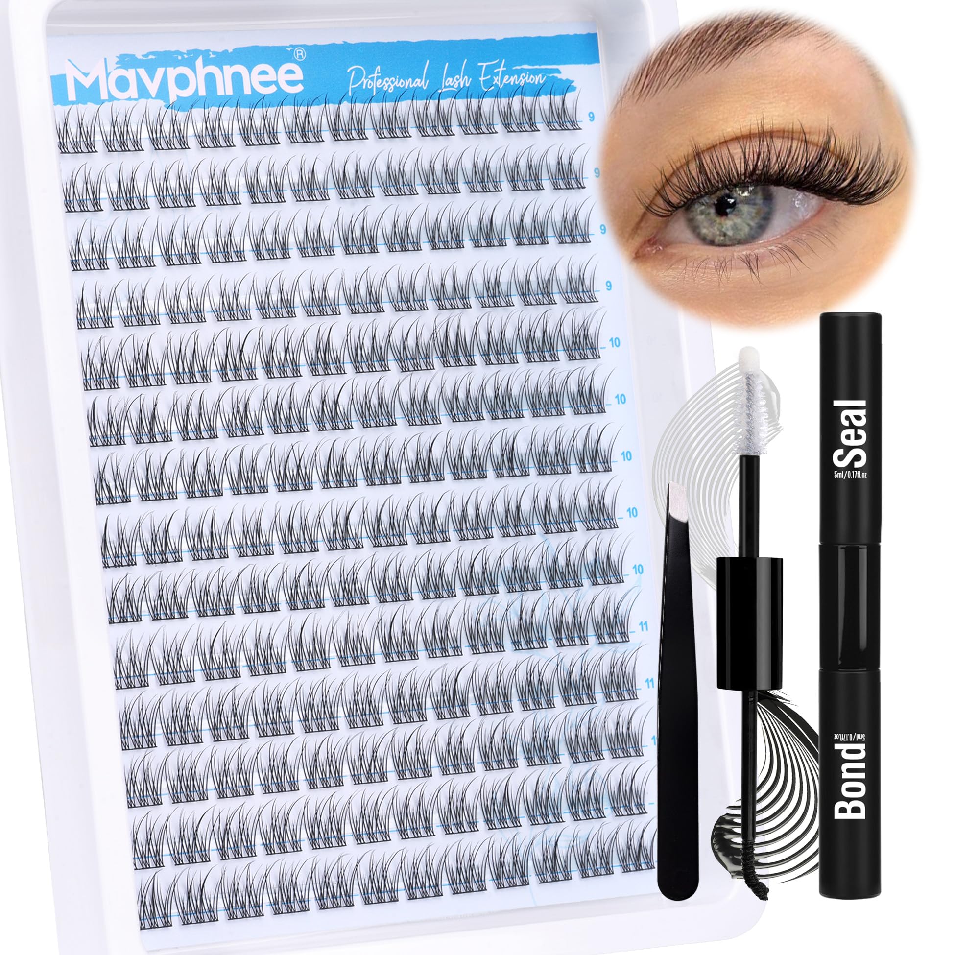 Natural Cluster Lashes Kit 168 Pcs Wispy Lash Extensions CC-Curly 9-11MM Mixed Lengths Eyelash Extension Individual Kit with Lashes Bond and Seal and Tweezers DIY at Home by Mavphnee