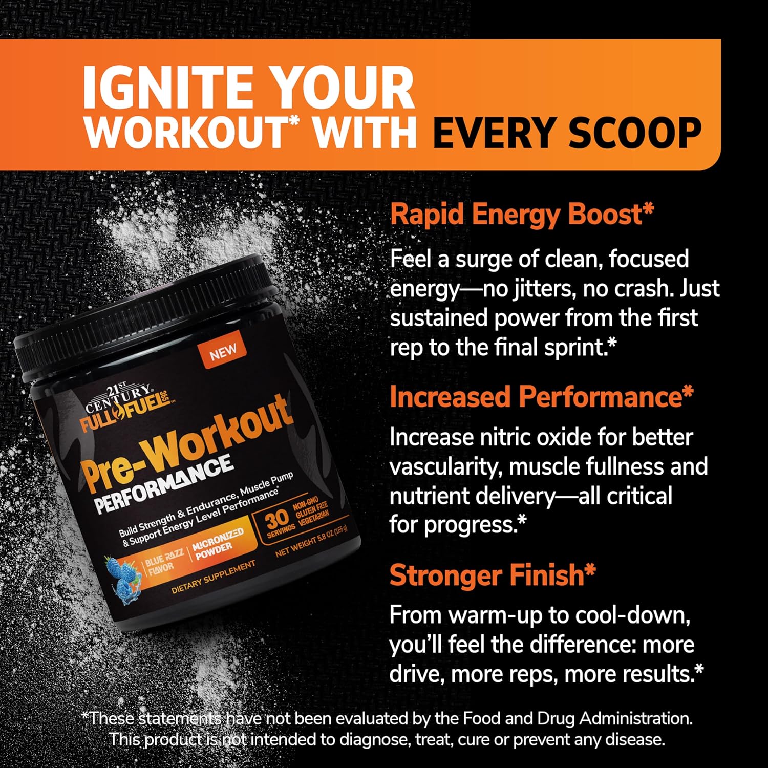 21st Century Full Fuel 365 Pre Workout Powder, 5.8 Ounce, Energy Performance Supplement for Men and Women with Creatine, Caffeine & Beta-Alanine, Gluten Free & Non-GMO, Blue Razz Flavor, 30 Servings