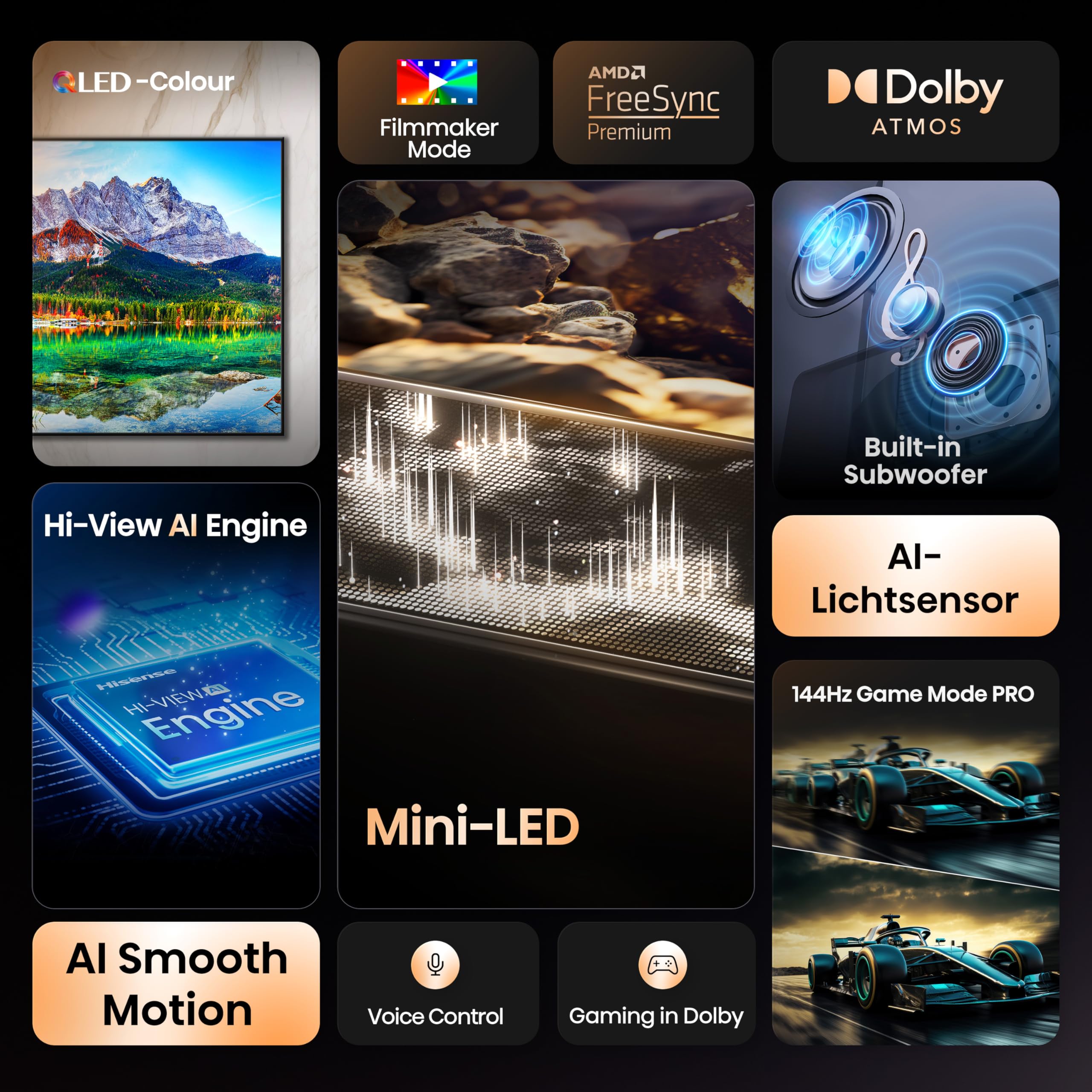 Hisense 65E89Q Fernseher, 65 Zoll (164cm), 4K ULED Mini LED, Smart TV, 144Hz Game Mode PRO, Hi-View AI Engine, AI Smoothmotion, Built-in Subwoofer, Dolby Vision.Atmos, Filmmaker Mode, Hi-Concerto