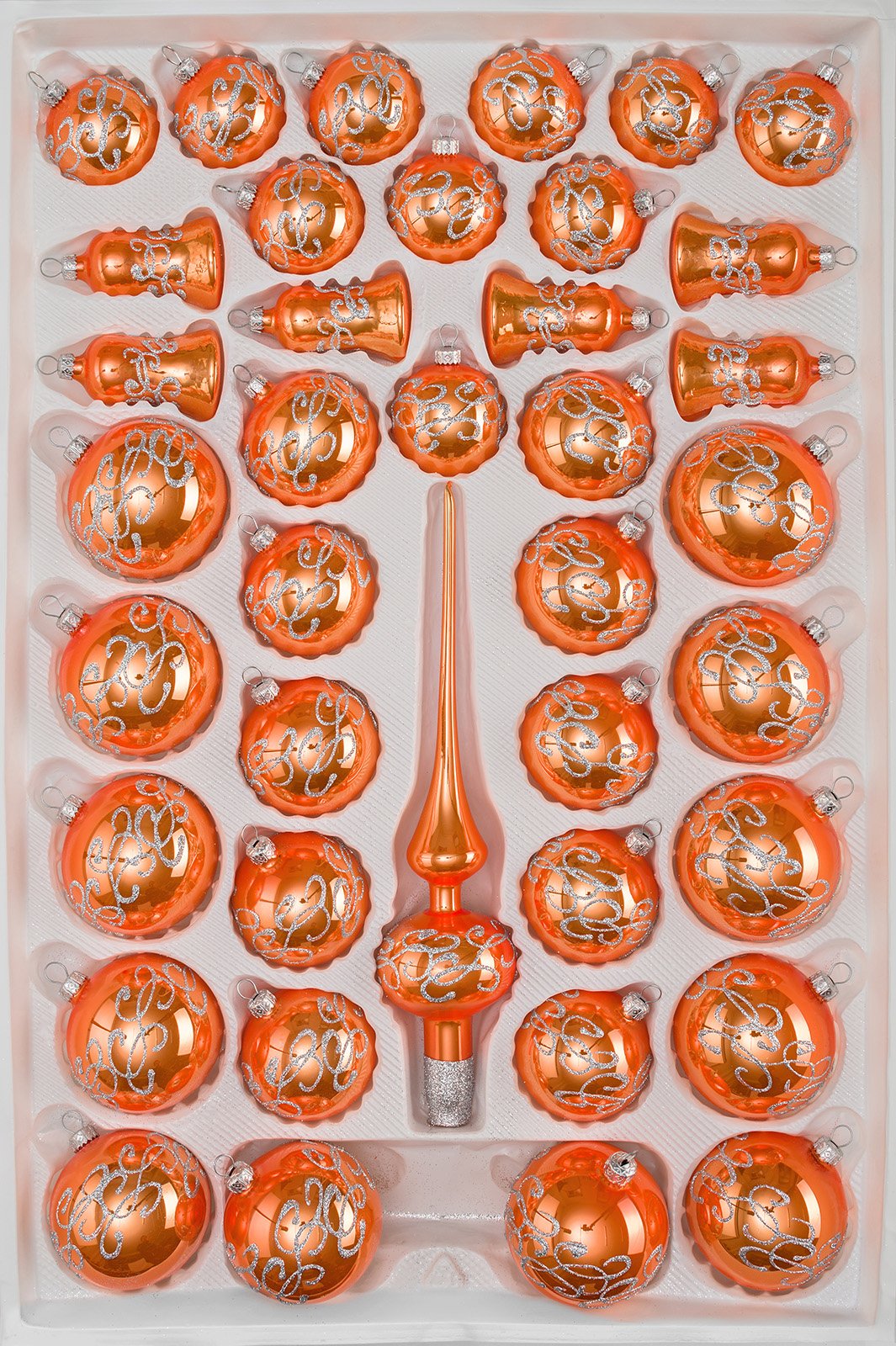 39 tlg. Glas-Weihnachtskugeln Set in "Hochglanz-Orange-Silberne-Ornamente - Christbaumkugeln - Weihnachtsschmuck-Christbaumschmuck