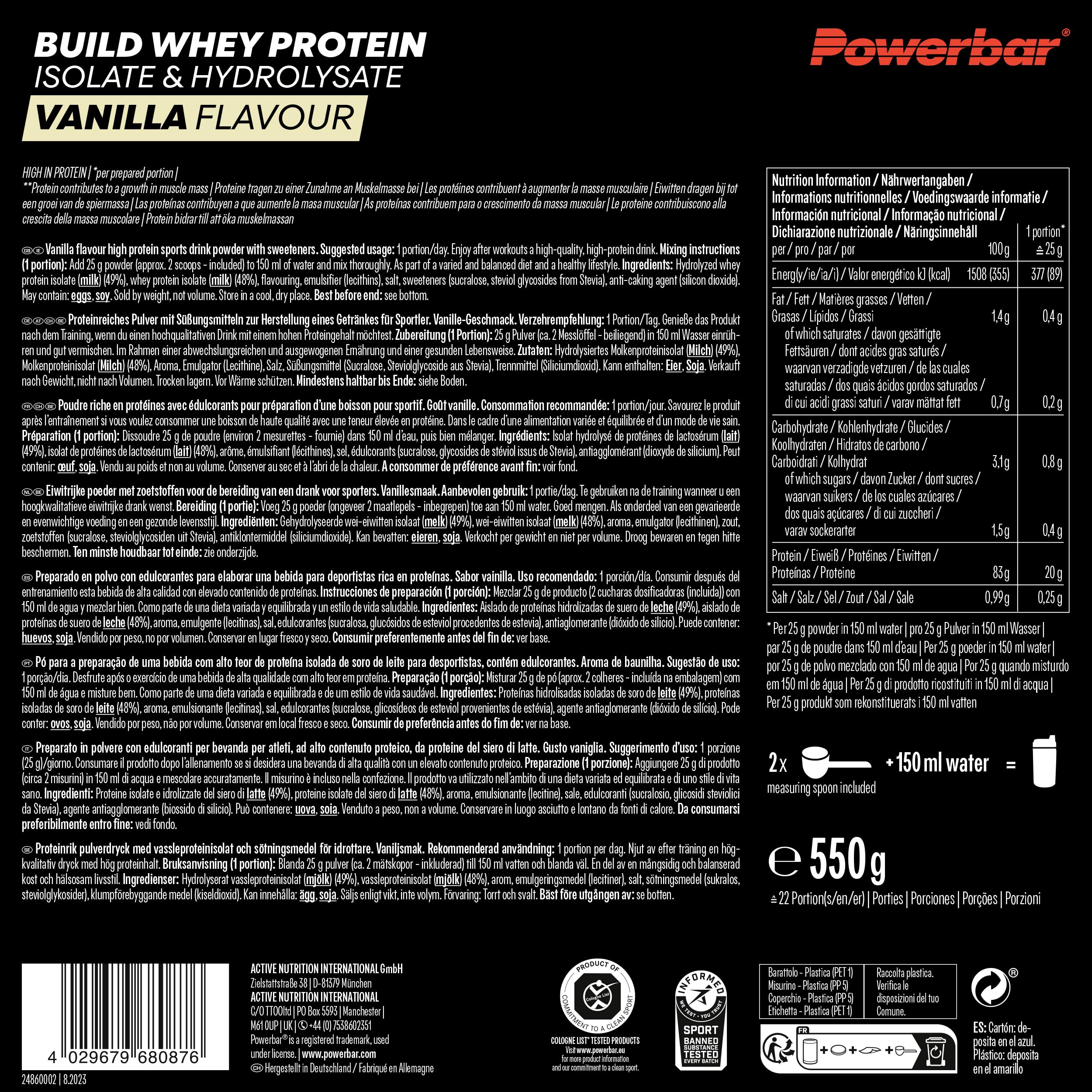 Powerbar - Black Line - Build Whey Protein - Vanilla - 550g - vegetarisches Proteinpulver