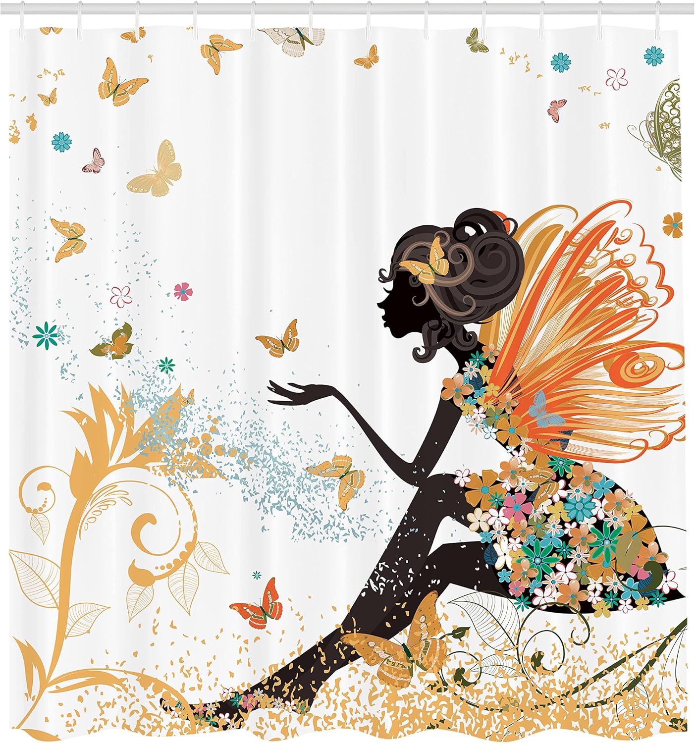 Ambesonne Fantasy Shower Curtain, Spring Girl Wings in a Floral Dress Surreal Garden Butterflies Print, Cloth Fabric Bathroom Decor Set with Hooks, 69" W x 75" L, Sand Brown