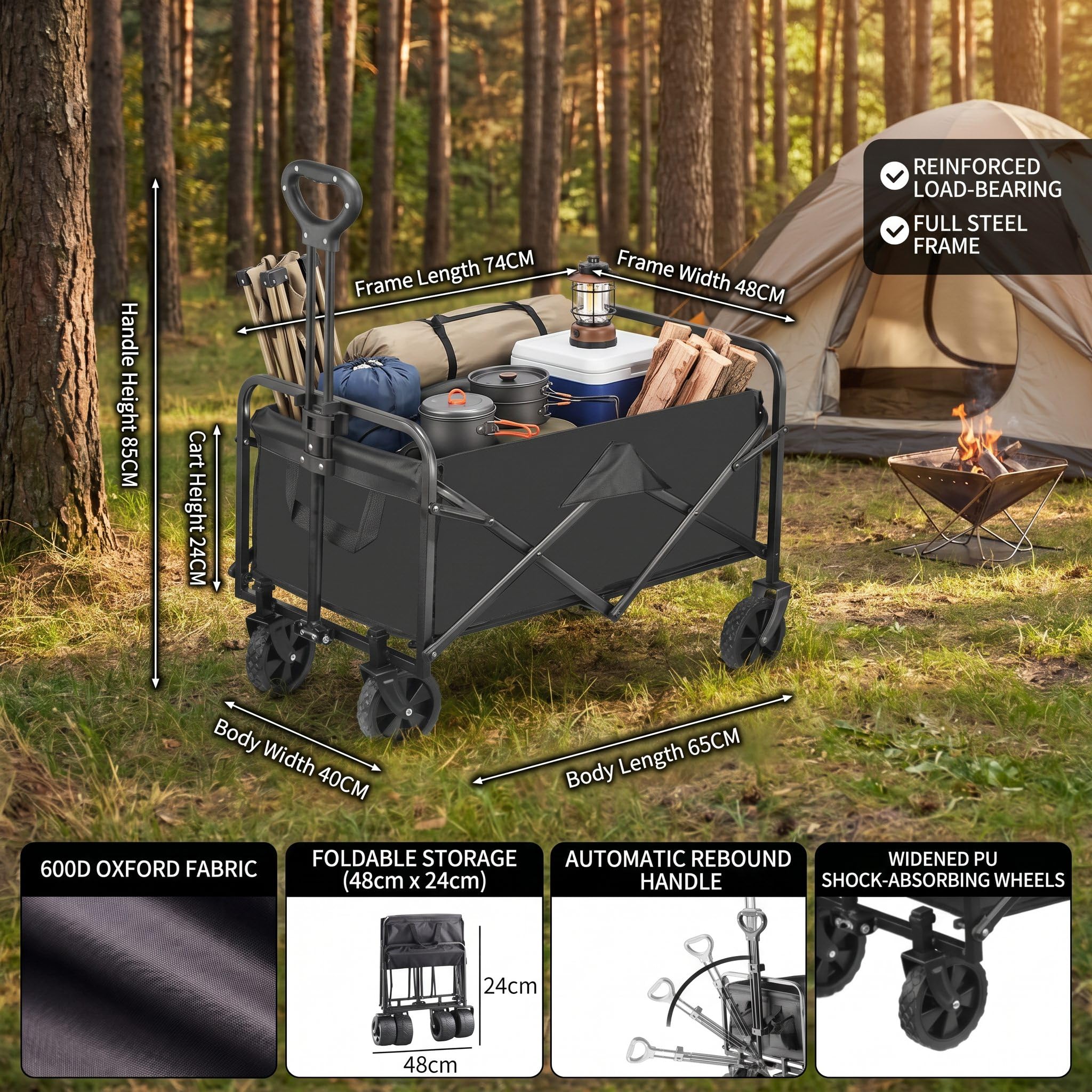 Carrello pieghevole con una portata fino a 150 kg, robusto carrello per spiaggia e giardino, carrello per sport, campeggio, shopping e trasporto in spiaggia