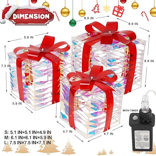 Miniatura 3 de Lulu Home Juego de 3 cajas de regalo iluminadas de Navidad, cajas de luz preiluminadas de 140 LED con lazos rojos, cajas de Navidad iluminadas con