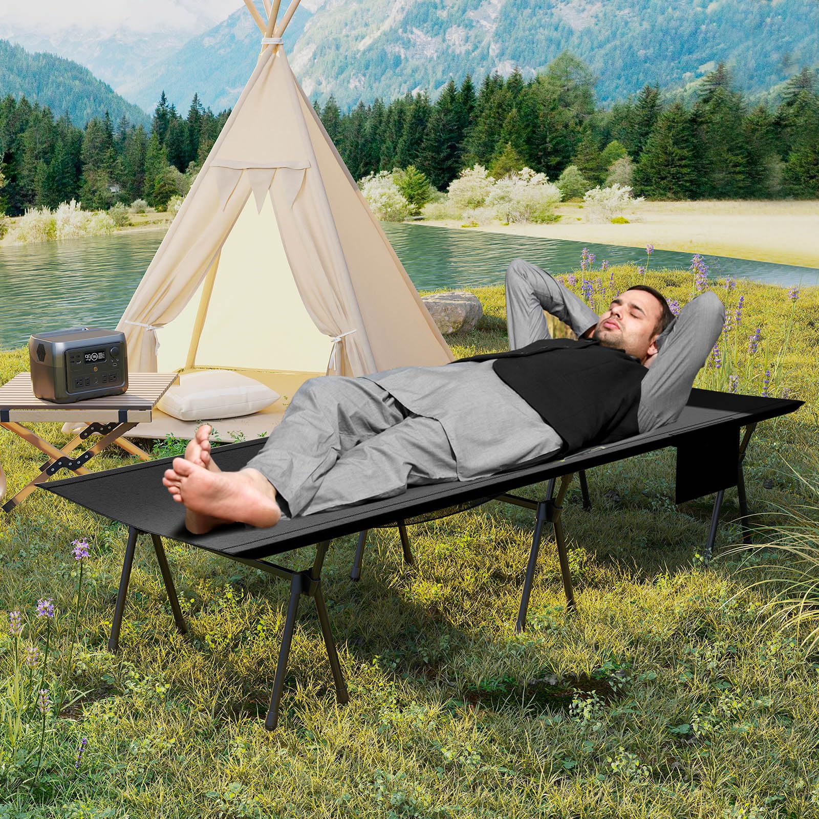 COSTWAY Cama Plegable Camping, Altura Ajustable, Catre Plegable Camping Portátil, Bolsillo Lateral y de Malla, Bolsa de Transporte, Campismo Playa Senderismo Oficina, 193 x 70cm, Carga 150kg