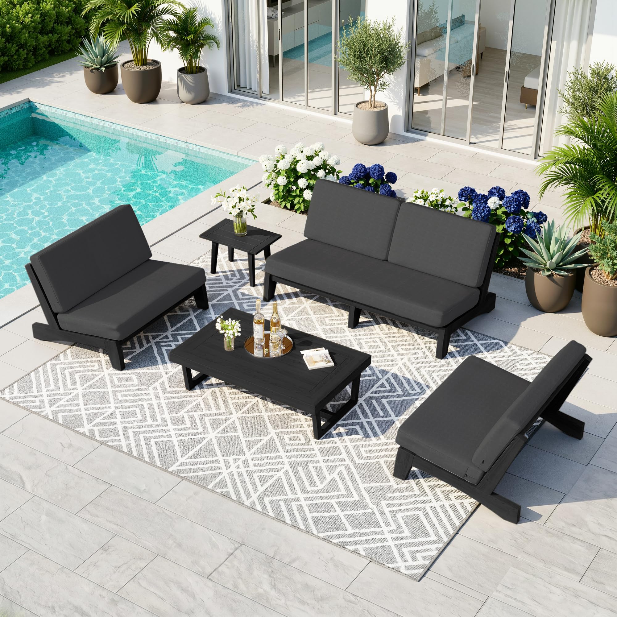 Pia Ricoo 5-Piece Patio Furniture Set, Outdoor Sofa with 2 Loveseat, 2 Chairs &amp; Coffee Table, All-Weather Conversation Set for Backyard/Deck/Lawn - Dark Gray/Dark