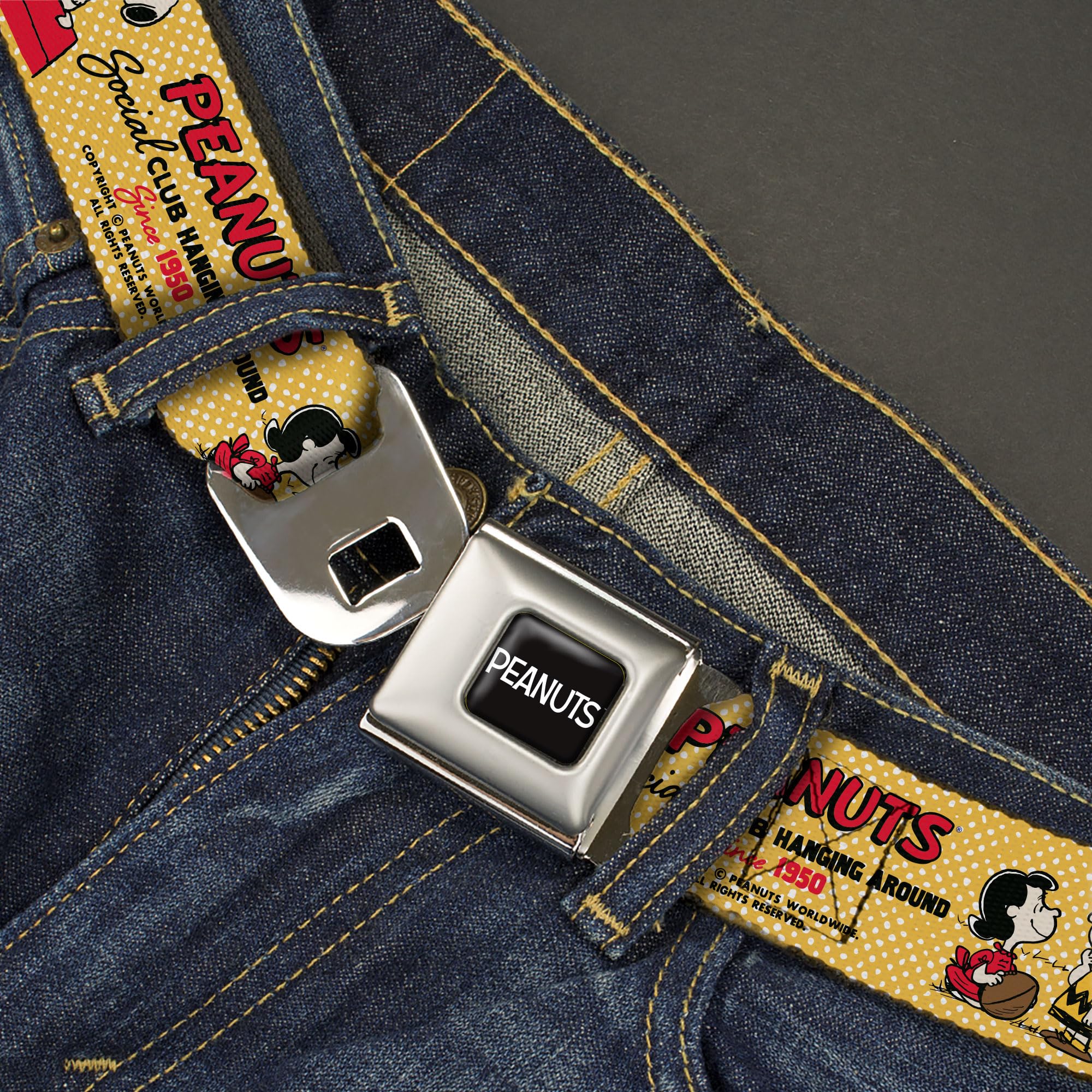 Peanuts Belt, Seatbelt Buckle, Peanuts Social Club Peace Love Scenes Yellow Red