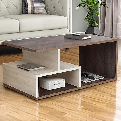 ABOUT SPACE Coffee Table - Portable Wooden Centre Table with Storage & Open Rack - Furniture - Sofa Tea Poyee Table for Living Room, Home, Office Tea Table(Beige & Walnut - L 101 x B 40 x H 47 cm)