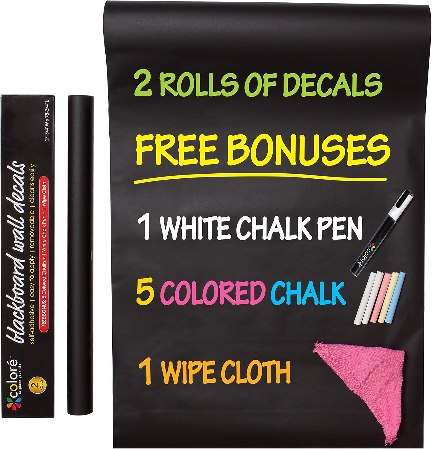 Colore Blackboard Wall Decals - Premium Vinyl Contact Paper For Restaurant Menu Chalkboard, Office, Wallpaper, Art Quotes, Home Kitchen Stickers - FREE Colored Chalks, Chalk Pen & Wipe Cloth - 2 Rolls