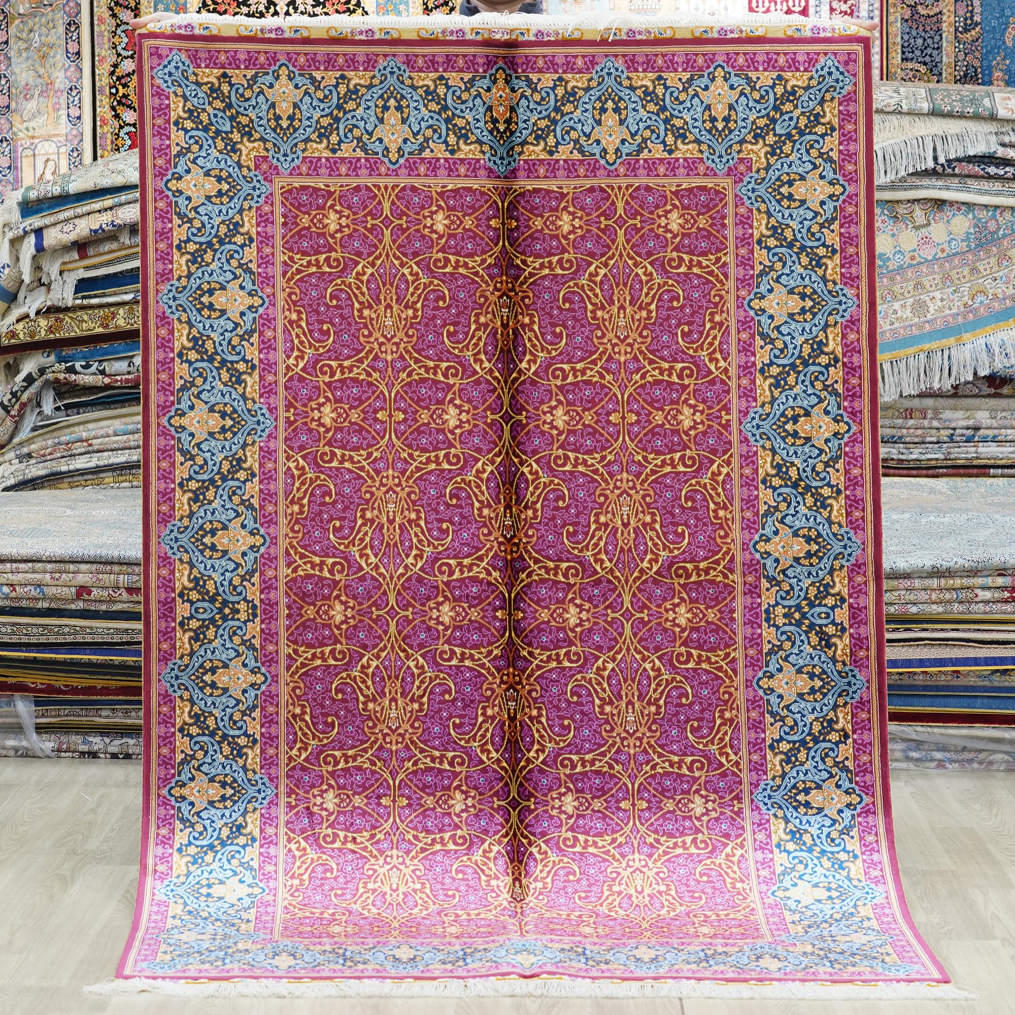 Silk Carpet 4x6 Blue Handmade Vintage Oriental Silk Rug for Living Room