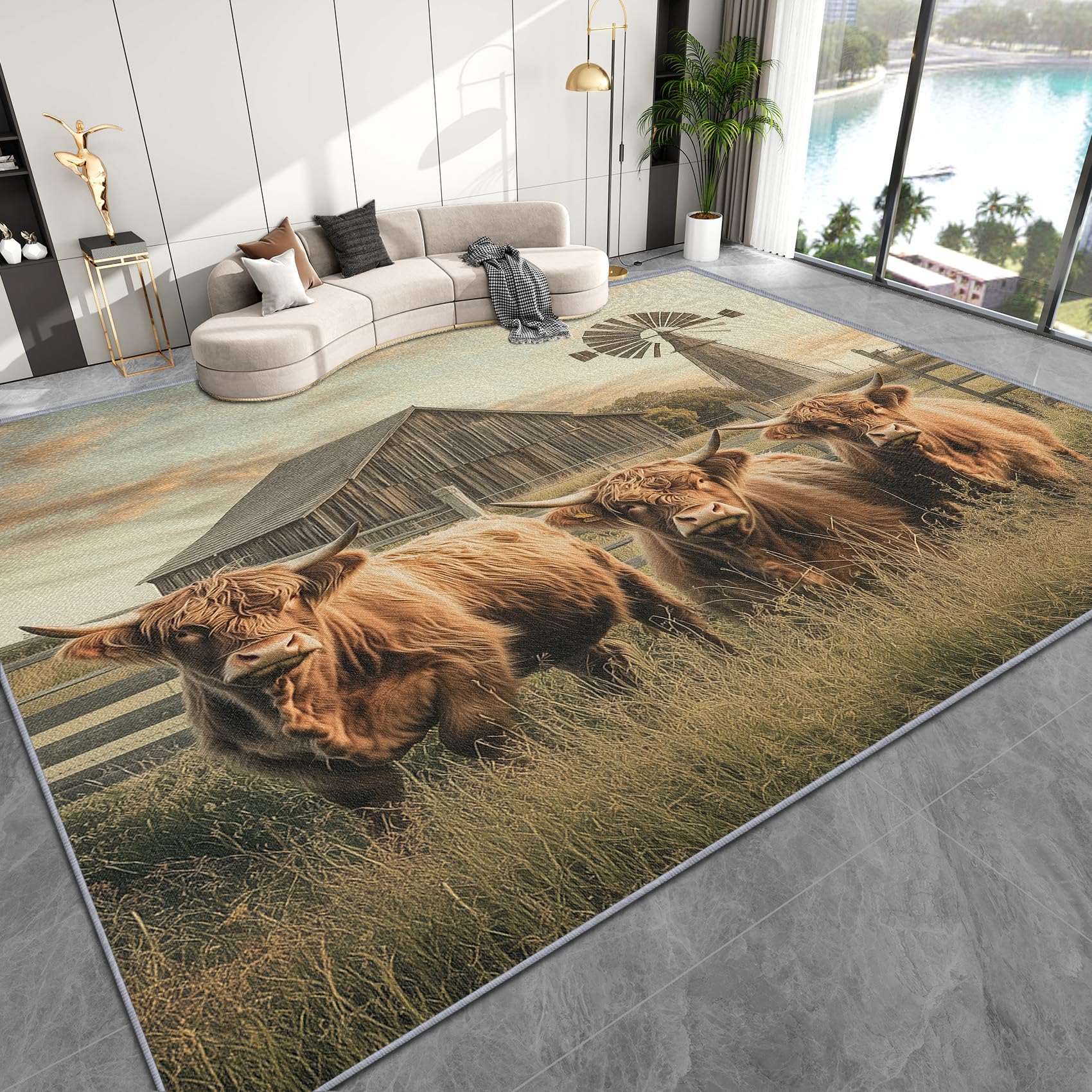 Hochlandrind Deko, Rustikale Bauernhaus Teppich 120x160 Kurzflor, Teppich Wohnzimmer Bauernhoftiere, Weich rutschfest Waschbare Teppiche, Bettvorleger Schlafzimmer Kinderzimmer