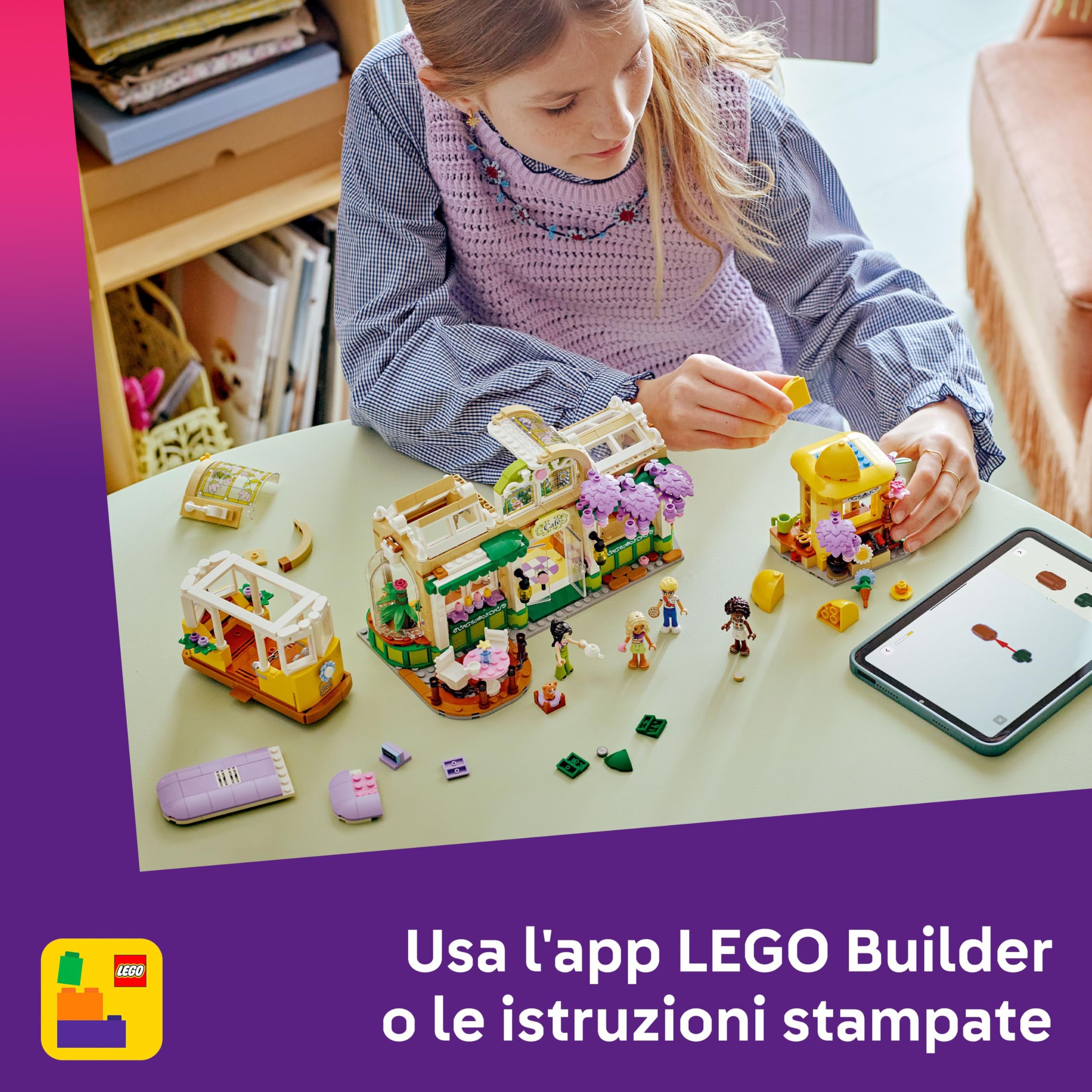 LEGO Friends Caffè delle Piante e Negozio di Fiori - Giocattolo con 4 Mini Bamboline, Gatto Domestico, Tram, Accessori da Cucina come Pasticcini, Tazze e Teiera - Regalo per Bambine da 9 Anni - 42671