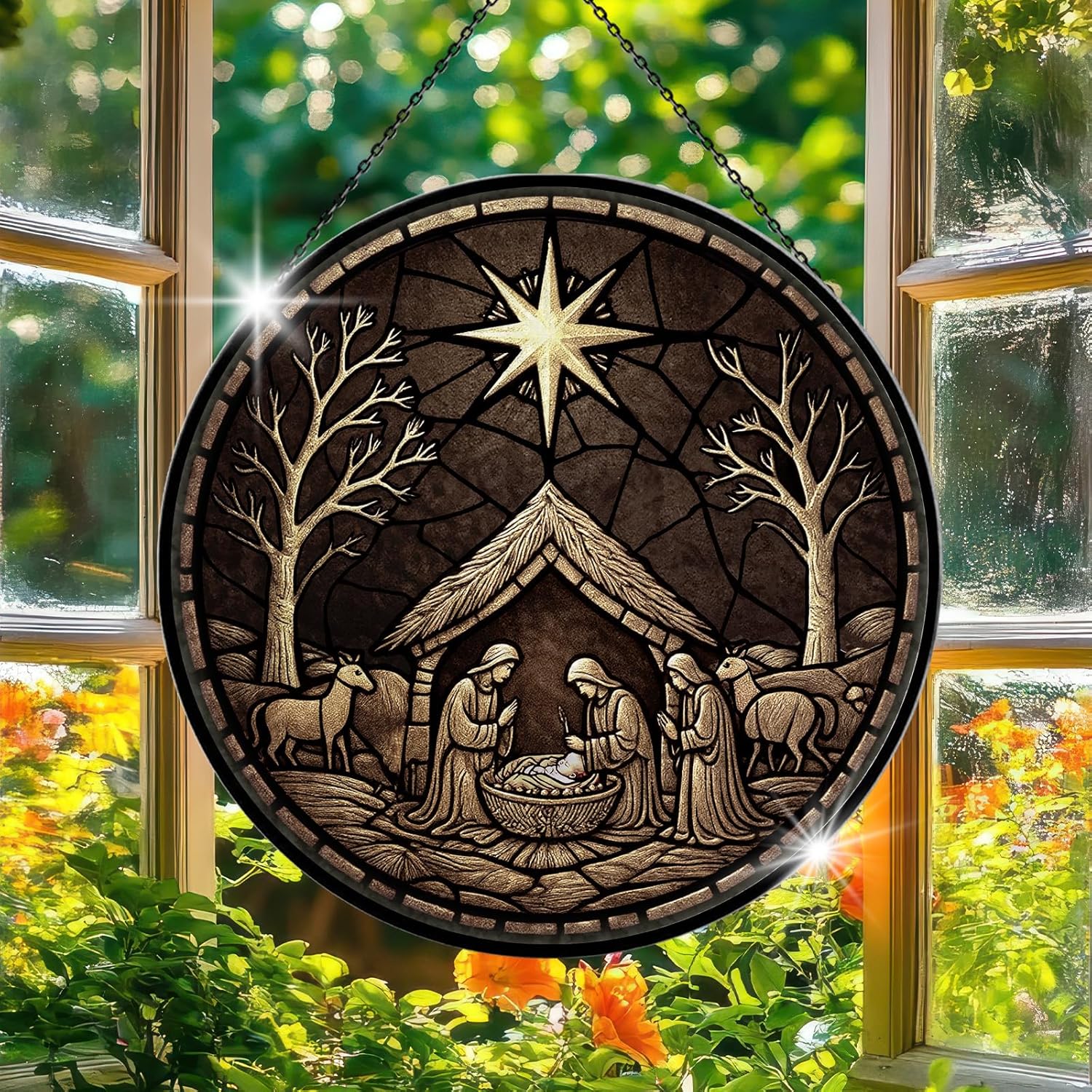 Nativity Scene Suncatcher - 7.9" Hand Painted Stained Glass Christmas Ornament & Window Hanging, Outdoor/Indoor Birth of Jesus Decor, Religious Christian Gift for Women, Men - Image 6