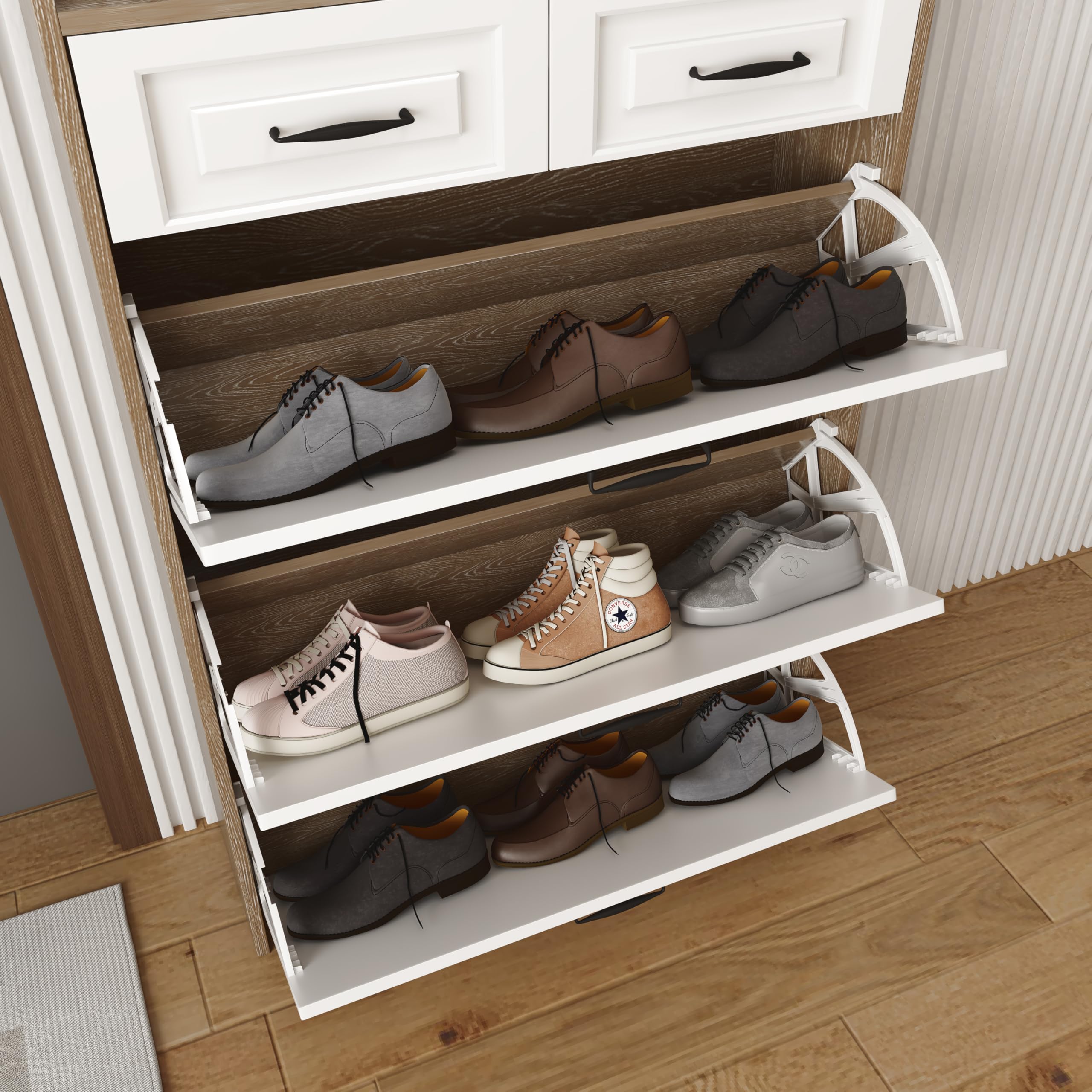 Zapatero con zapatero giratorio, compuesto por tres grandes solapas y dos cajones, zapatero de madera, zapatero, adecuado para zonas de entrada y salón (natural+blanco)
