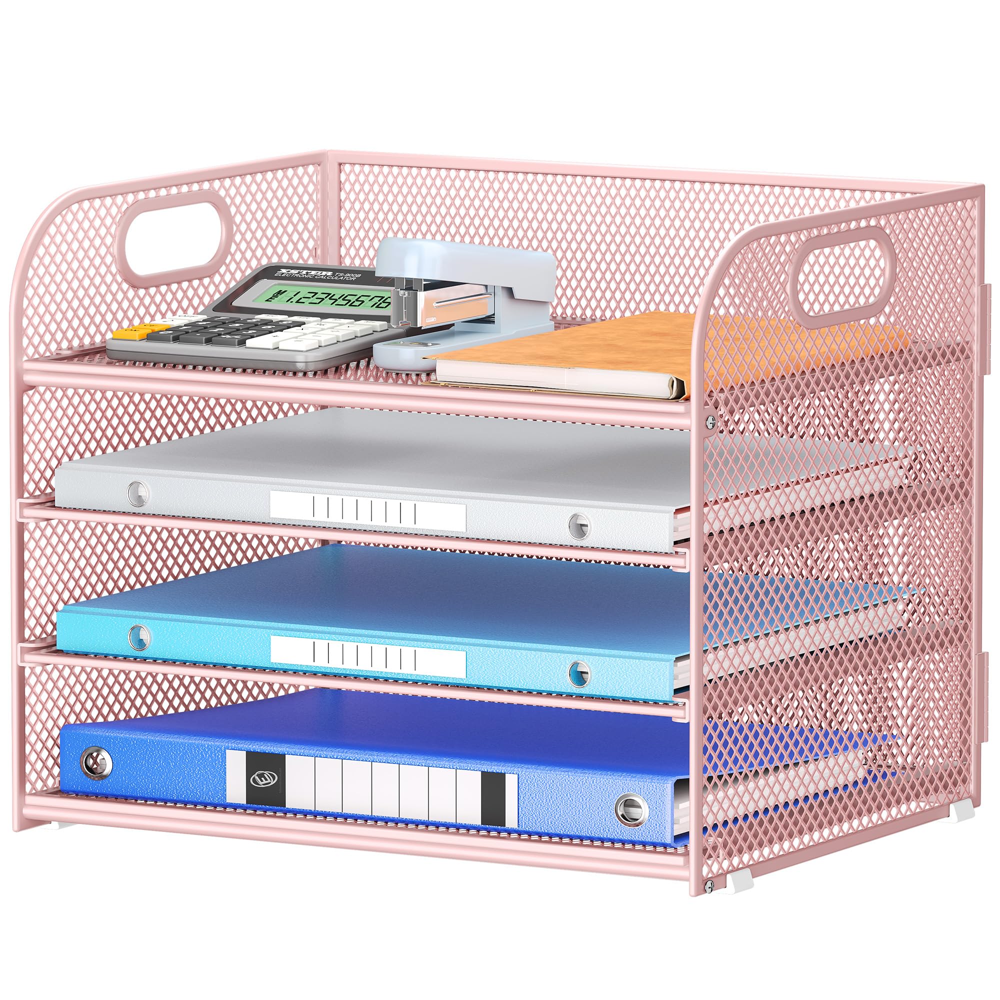 4-Tier Paper Organizer for Desk With Handle, Mesh Desktop File Tray, Office Classroom Organization and Storage - Pink