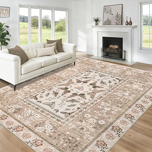 8x10 Area Rugs for Living Room: Washable Vintage Boho Butterfly Floral Rug Soft Non-Slip Low-Pile Indoor Large Carpet for Bedroom Dining Room Office Playroom Nursery (Light Brown,8'x10')
