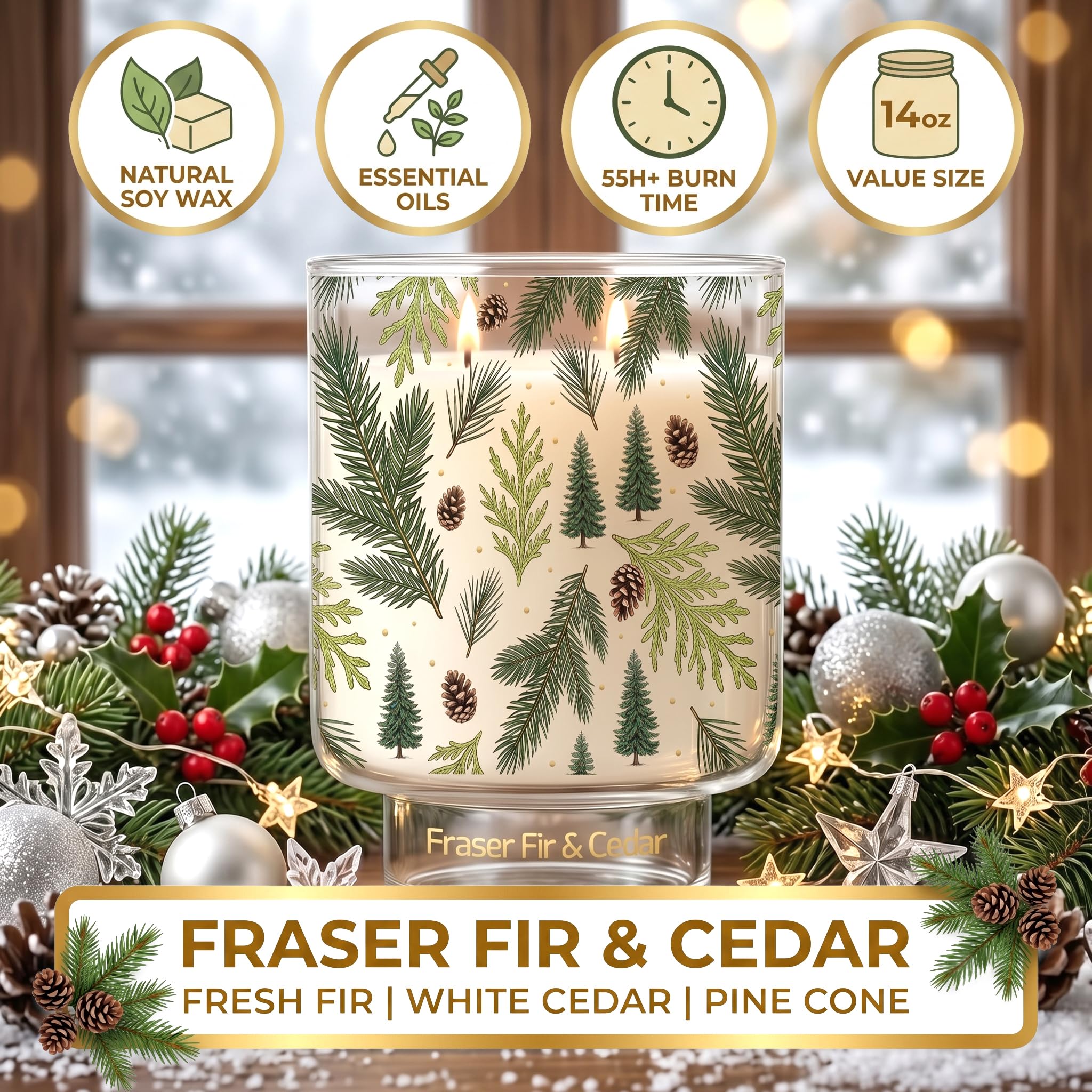 Homsolver Fraser - Velas de abeto y pino de cedro, velas de Navidad grandes de 2 mechas de 14 onzas, fragancia de bosque de invierno y Navidad, cera de soja de coco de larga duración para decoración