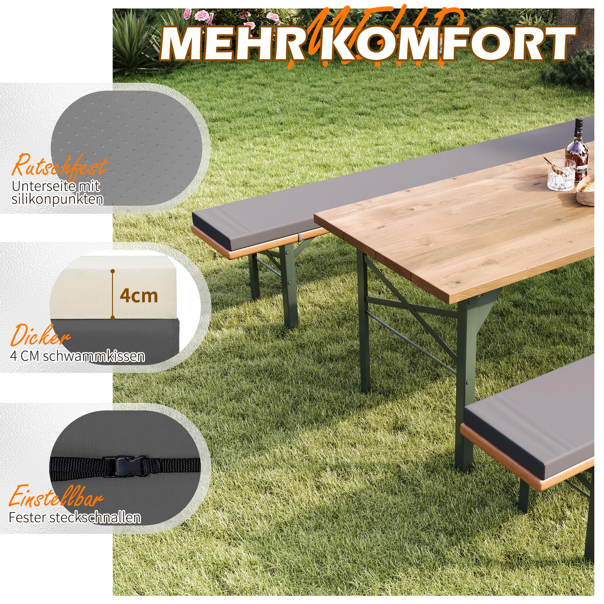UDPATIO 2er Set Bierbankauflagen mit Bezug 180 x 25 x 4 cm,XL Waschbare auflagen bierzeltgarnitur für Partyzeltgarnitur(Grau, wasserdicht)