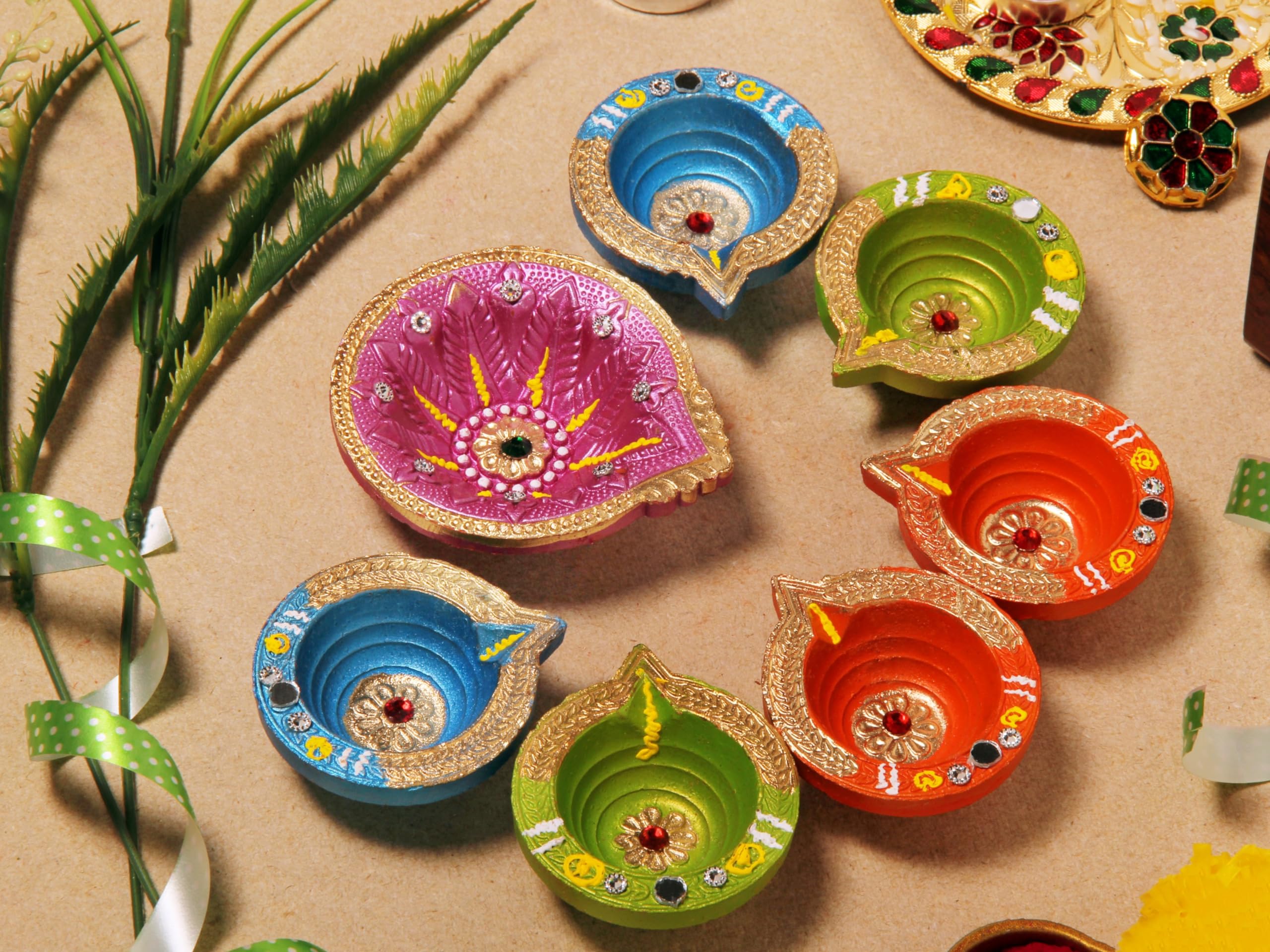 Premium Handmade Set of 7 Multicolor Clay Diya for Diwali/Navratri Decorations Oil Lamp Terracoaat Diwali Clay Diya Tea Light Holder Home Decor Festival Gifts Puja Items