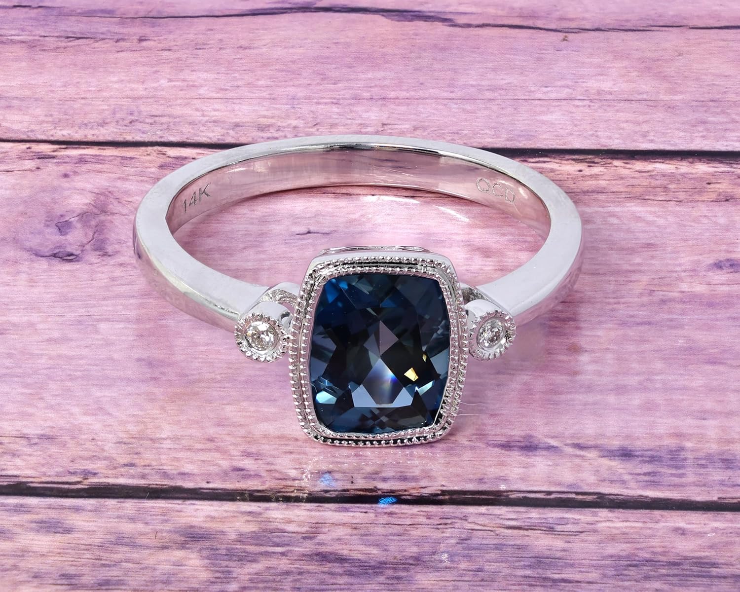 14K White Gold Genuine London Blue Topaz 1-3/4 Ct Cushion, Diamond Ring. Size 7 - Image 4