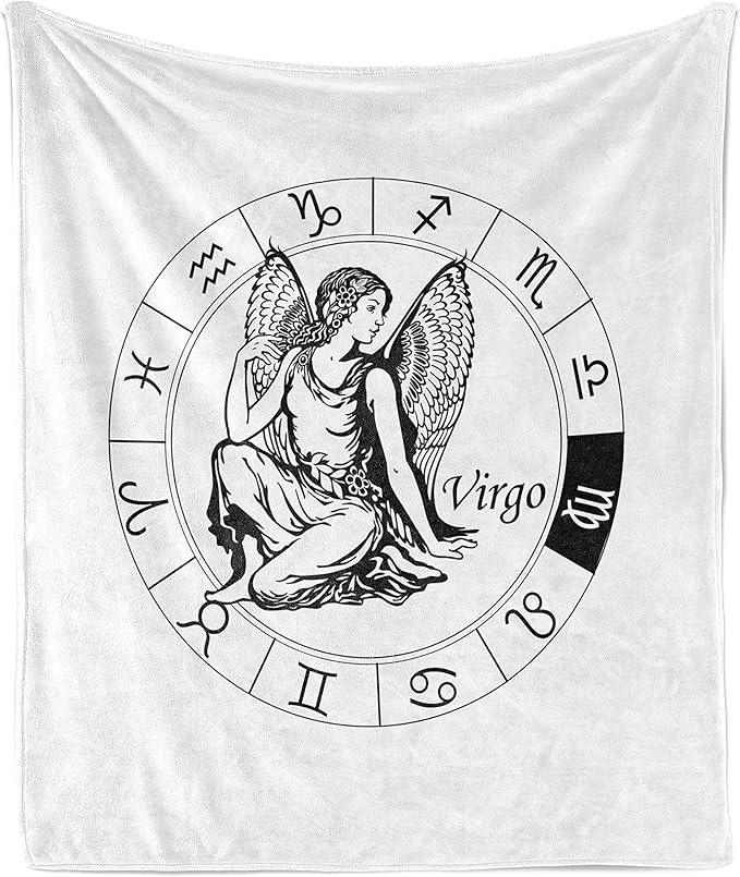 Ambesonne Virgo Throw Blanket, Black and White Zodiac Sign Horoscope Greek Culture Inspired Elements Mythological, Flannel Fleece Accent Piece Soft Couch Cover for Adults, 50
