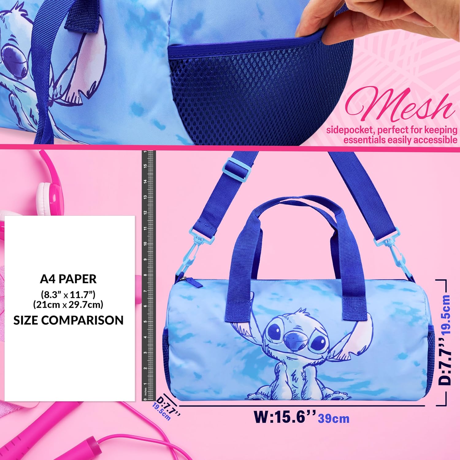 Disney Stitch Kids Duffel Bag, 15x8” Small Travel Bag with Adjustable Strap for Gym, Sports, Overnight Duffle, School Essentials, Gifts for Kids (Blue Stitch) - Image 2