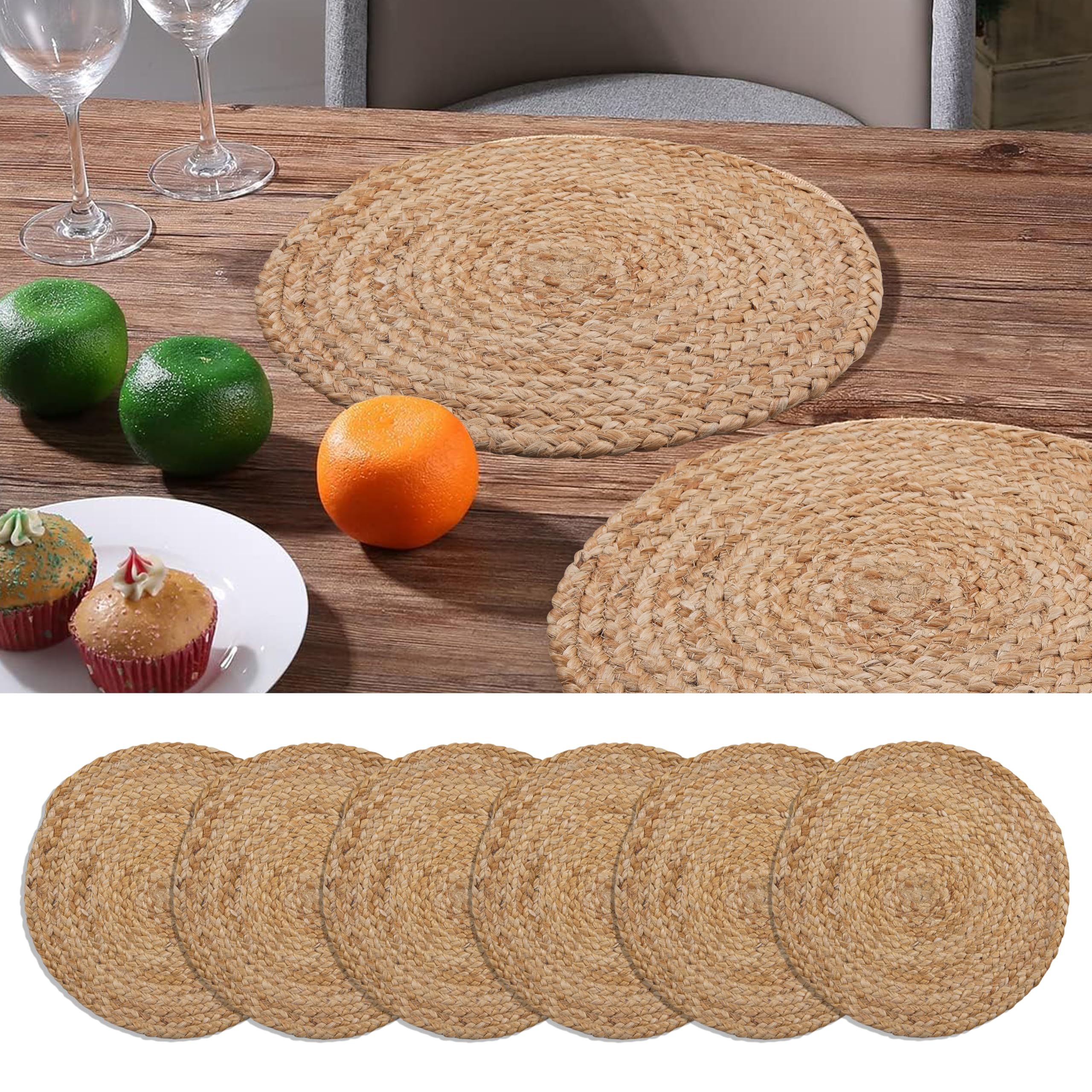 Craft Trade Set of 6 Round Woven Placemats Rattan Boho Hyacinth Farmhouse Wicker Placemats for Dining Table Indoor Outdoor Dining Table Mat (13 Inch
